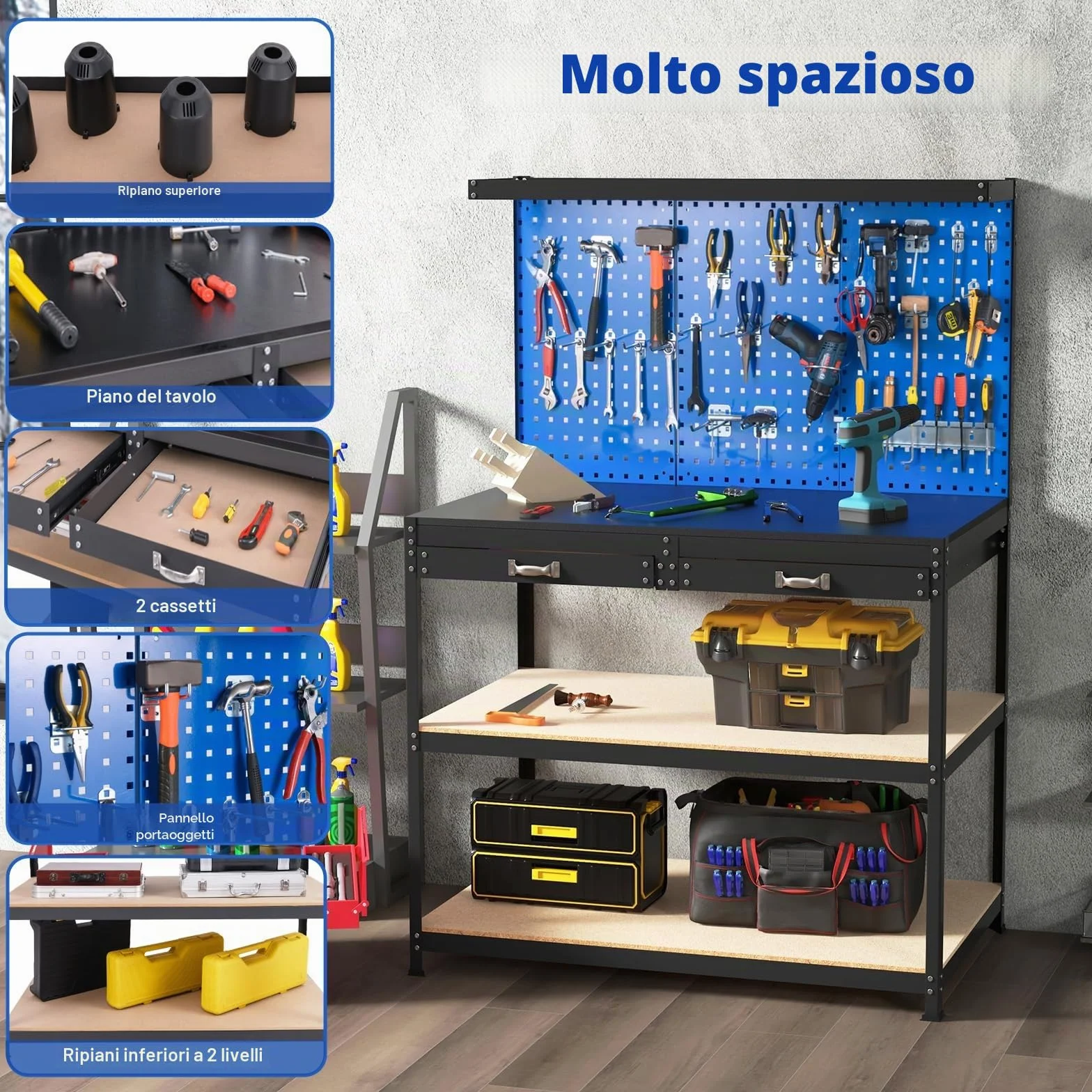 SOARS Banco da Lavoro, Organizer per Attrezzi in Metallo con 3 Pannelli Perforati con Kit di 24 Ganci, 2 Cassetti e 2 Ripiani, Banchi da Lavoro per Officina, Garage (Blu, 121 X 61 X 156 CM)