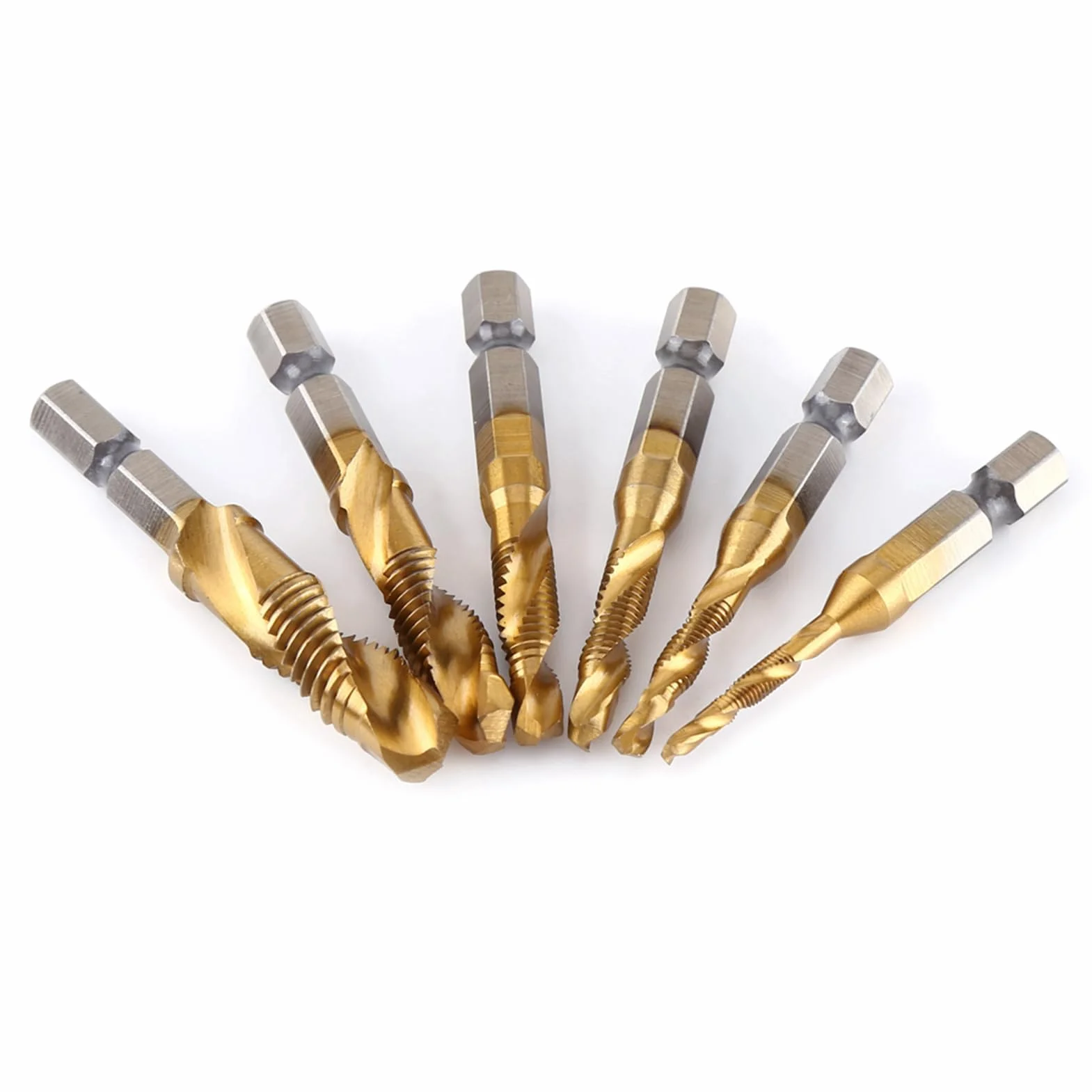Set di 6 punte per trapano e maschiatura, filettatura metrica M3-M10, codolo esagonale 6 mm HSS placcato in titanio