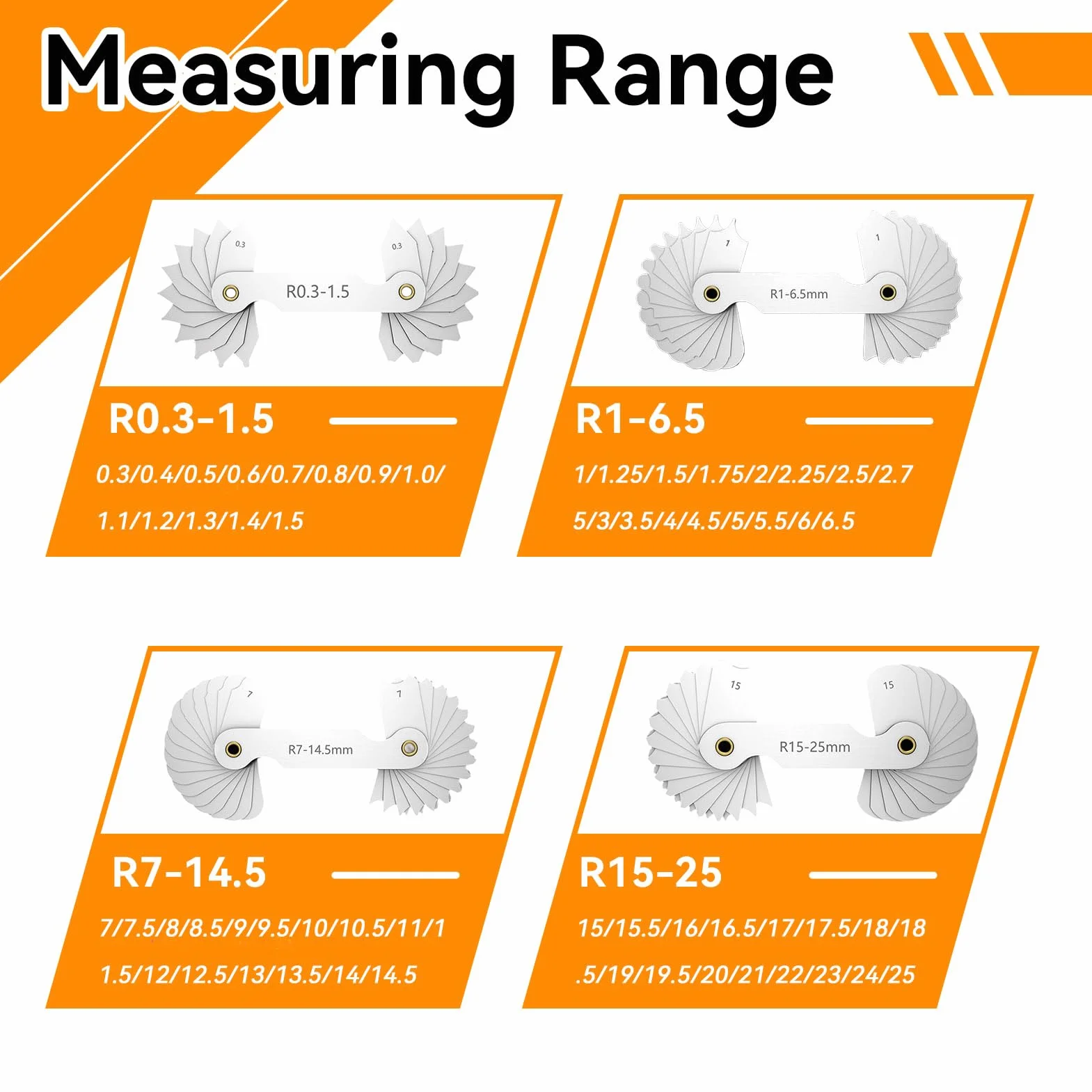 Set di Calibri per Raggio in Acciaio Inox, Strumento di Misura Convesso Concavo R0.3-1.5/R1-6.5/R7-14.5/R15-25