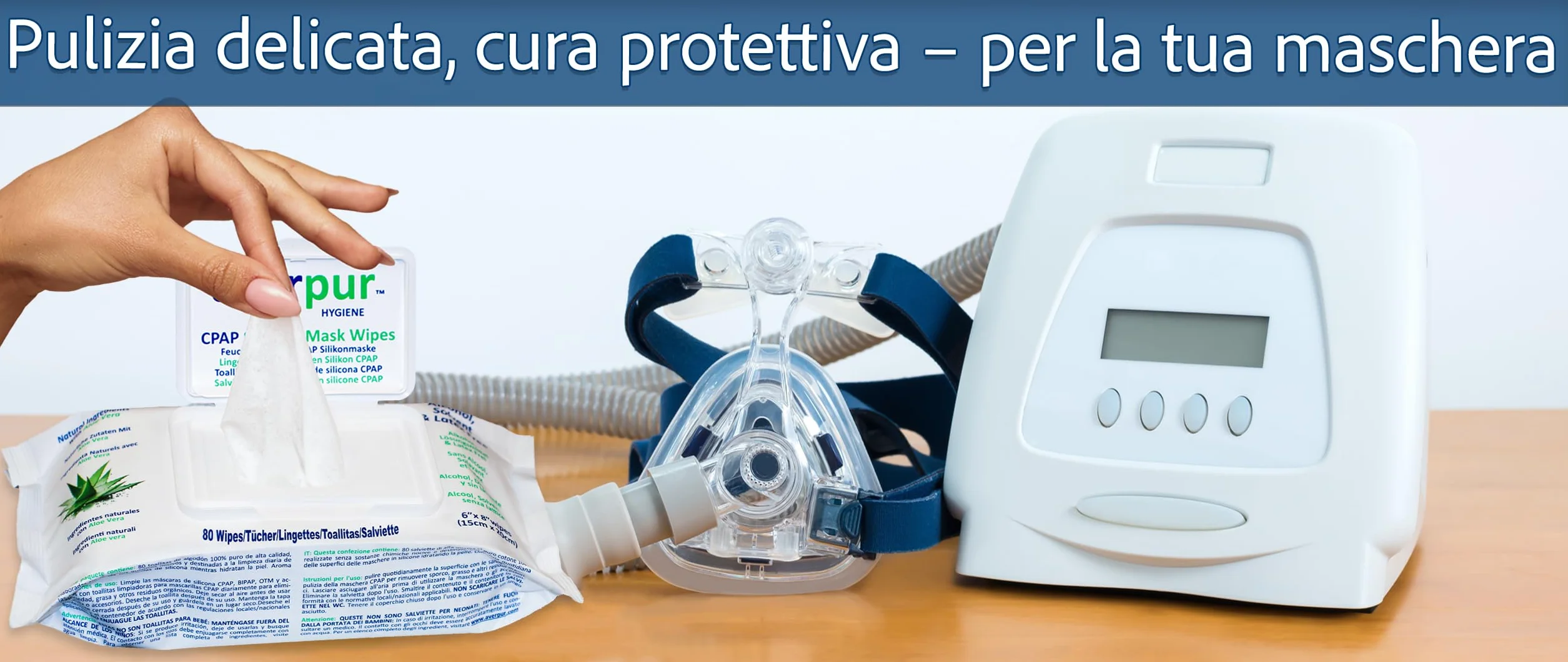 Salviette per la pulizia CPAP averpur con Aloe Vera, 3x80, 100% cotone puro