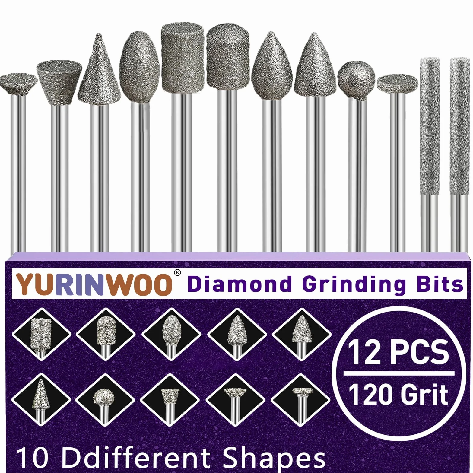 12 pezzi Set di frese diamantate, granulometria 120, frese diamantate per smerigliare, compatibili con utensile rotativo Dremel con codolo da 1/8", adatti per intaglio, levigatura, lucidatura