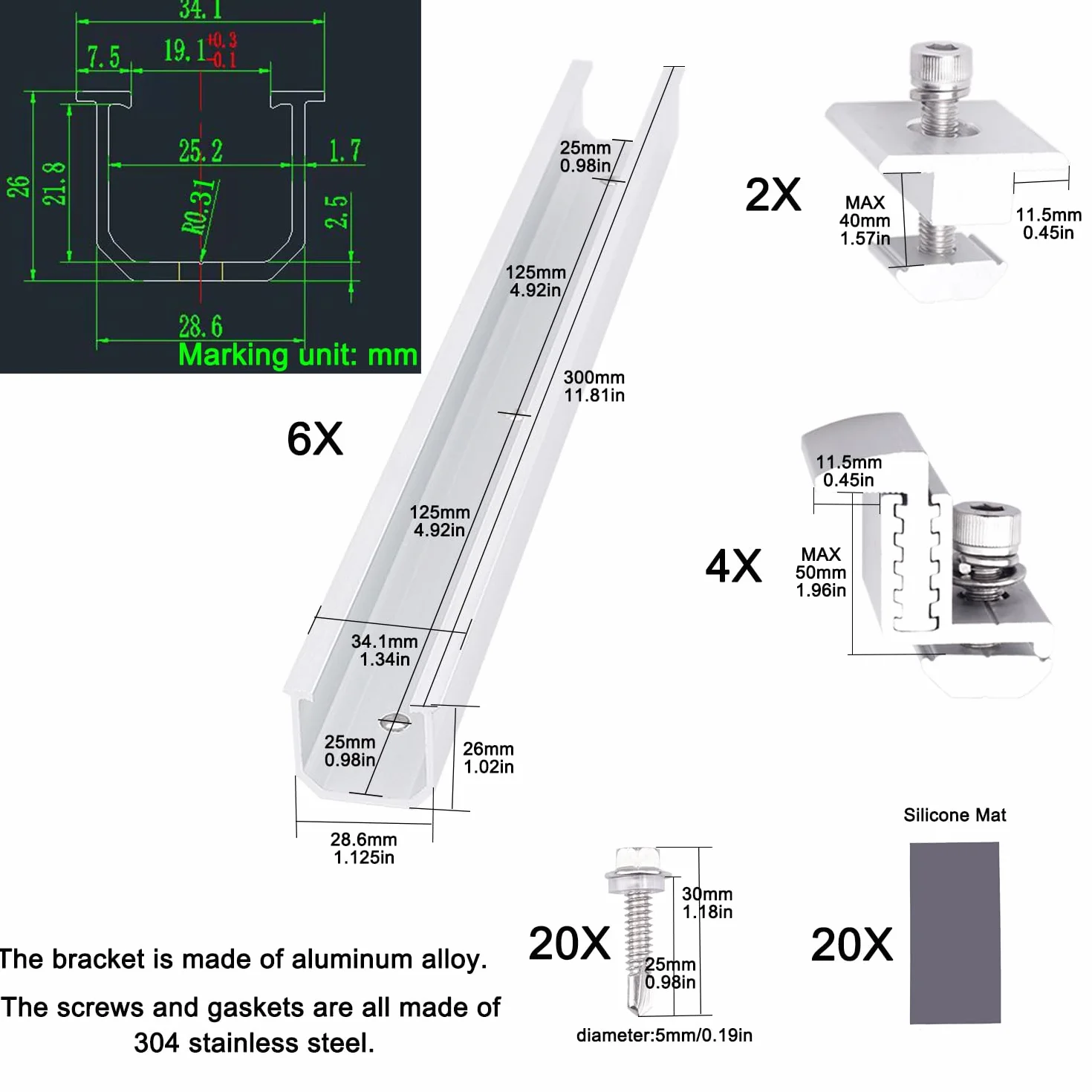 FLYAMAPIRIT Set di supporti per pannello solare in lega di alluminio fotovoltaico (6 guide da 300 mm + 4 morsetti terminali + 2 morsetti centrali) per 2 moduli solari PV
