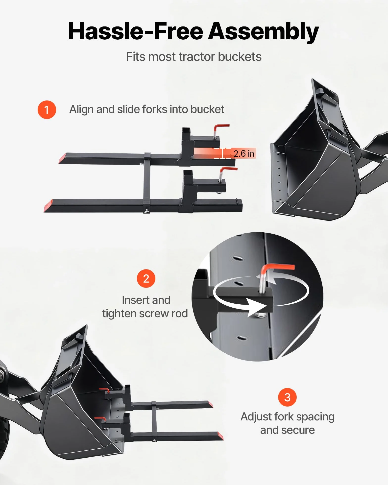 VEVOR Forche per Pallet con Morsetto da 907 kg Lunghezza Totale 109 cm, Forche per Trattori per Impieghi Gravosi con Barra Stabilizzatrice Regolabile per Accessori per Trattori, Benna di Carico