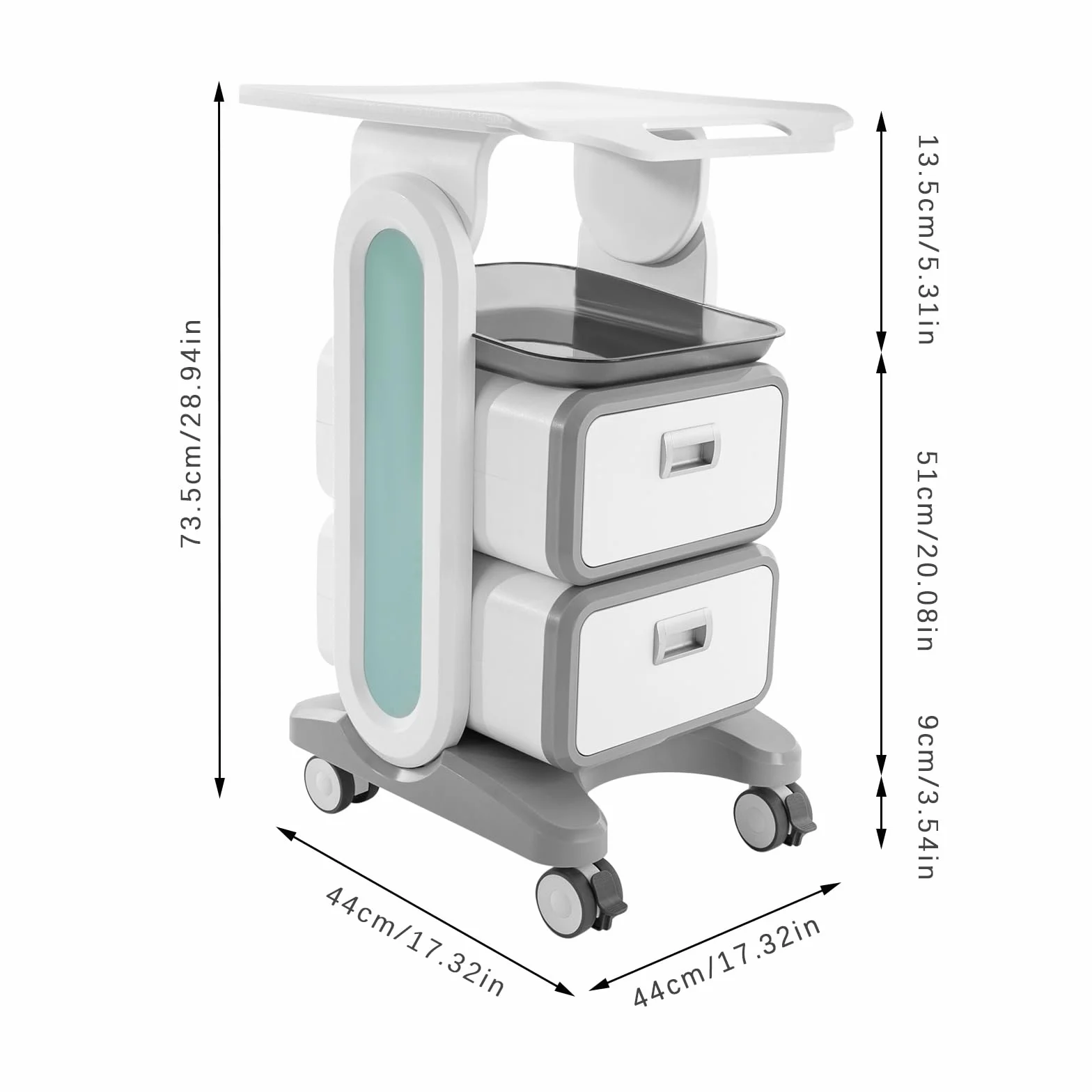 Carrello medico con 2 vassoi e cassetto, carrello da laboratorio in ABS di alta qualità, con 4 ruote universali, fino a 60 kg, bianco