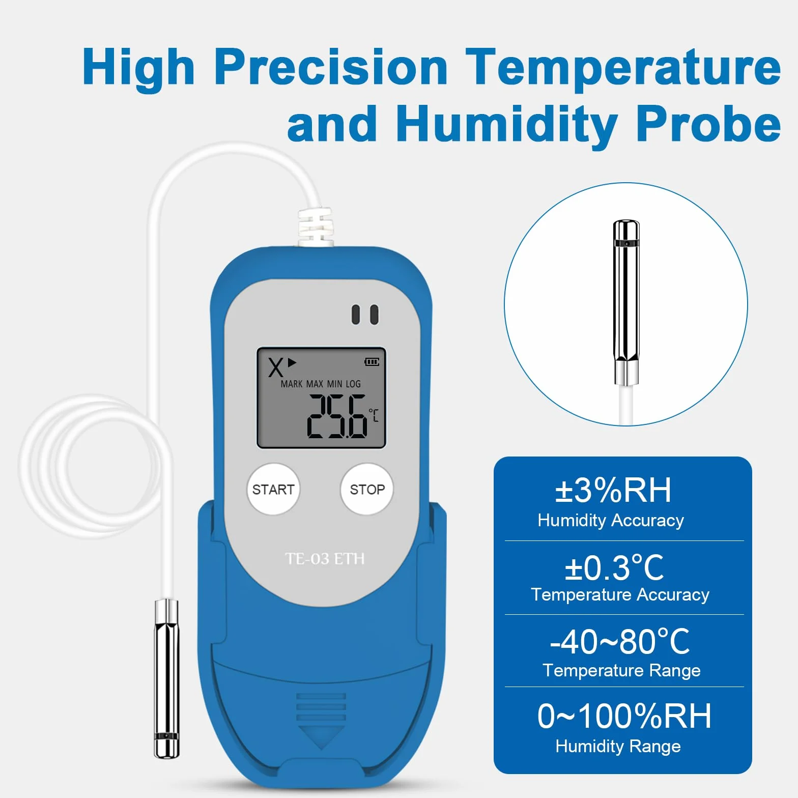 ThermElc TE-03 ETH Zewnętrzny Rejestrator Temperatury i Wilgotności z Sondą, MKT, 32.000 Punktów, USB PDF/CSV