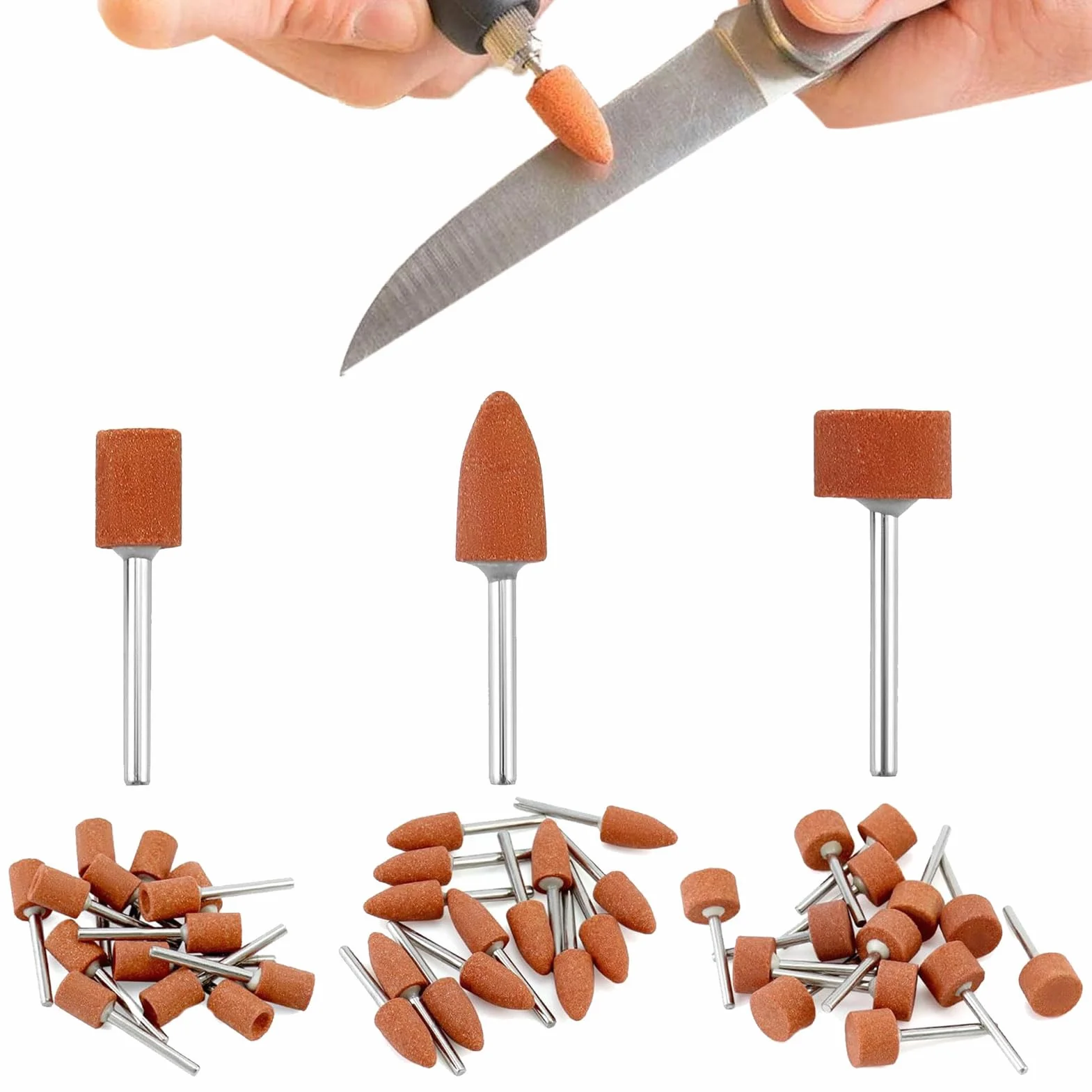 42 teste abrasive in corindone, testa per mola, perno rotante, tre tipi: cono, piccolo cilindro, grande cilindro, adatto per Dremel, pietre preziose, vetro, metallo, ecc