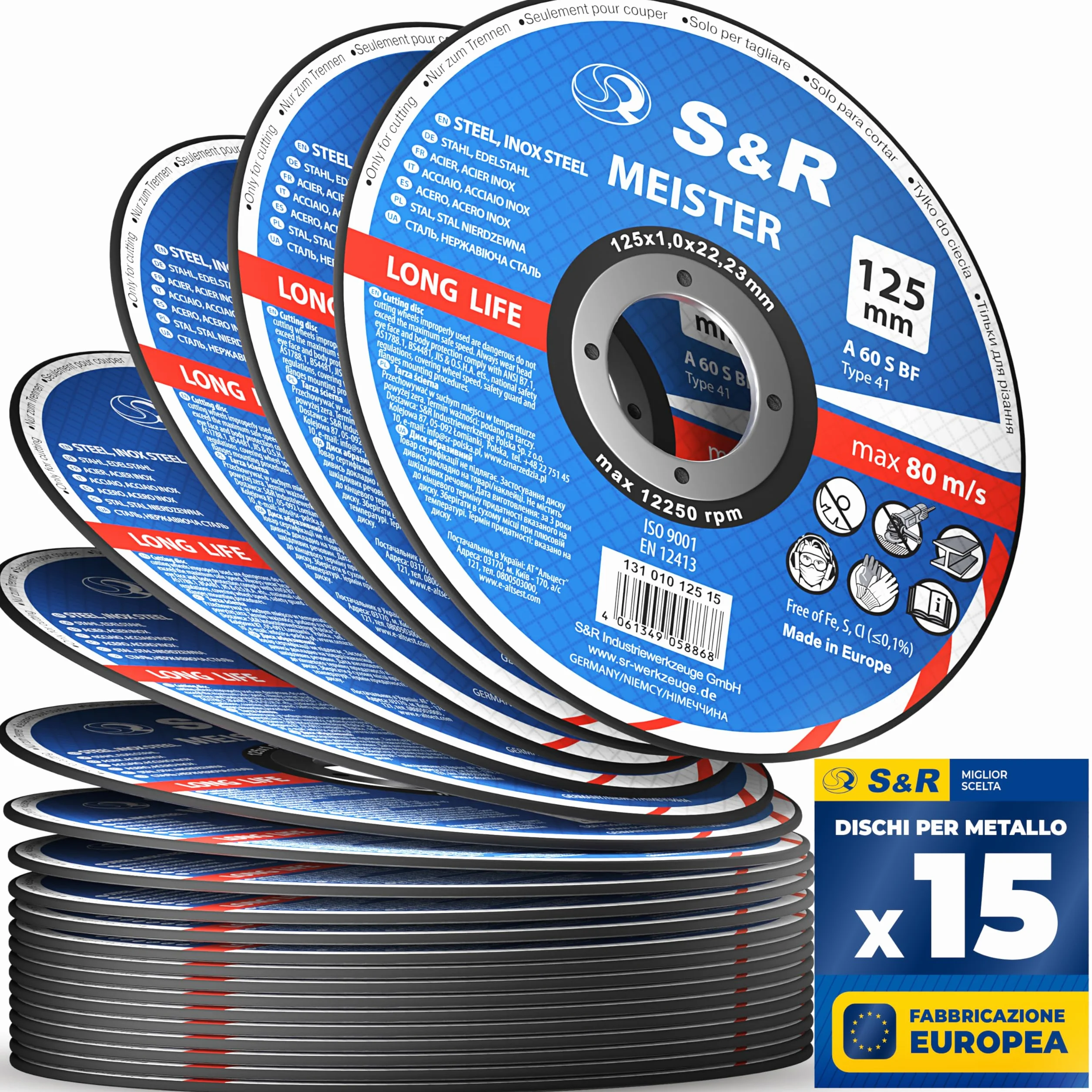 S&R Disco da Taglio Metallo 125 x 1 mm. Disco 125mm Smerigliatrice per taglio Ferro e Acciaio Inox - Disco per metallo ultra sottile 1 mm - 15pz