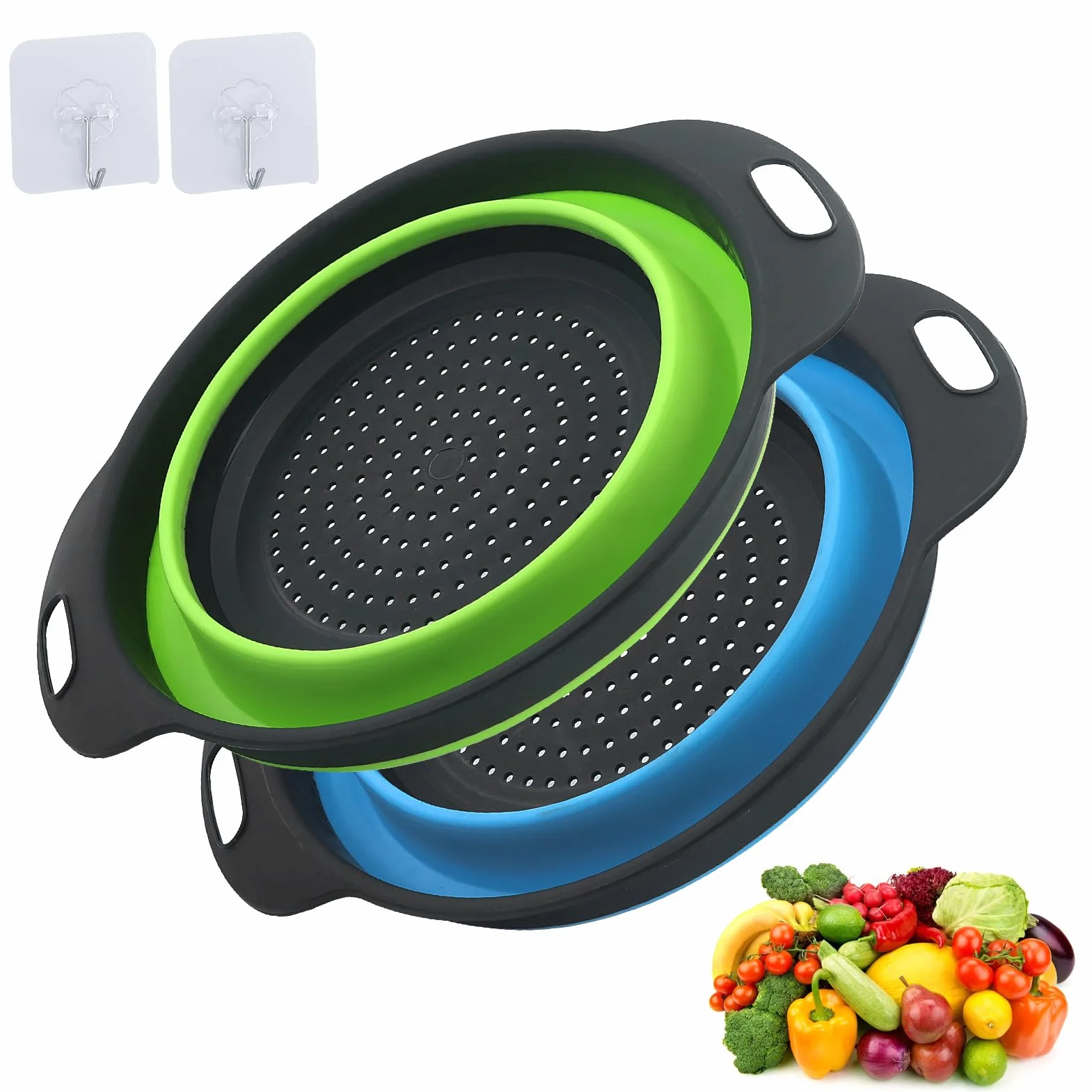 Set 2 Pezzi Grande Scolapasta in Silicone Pieghevole, Blu e Verde, Cucina Pieghevole sopra Il Lavandino del Silicone Colander/Setacci, Lavabili in Lavastoviglie(28.5CM)
