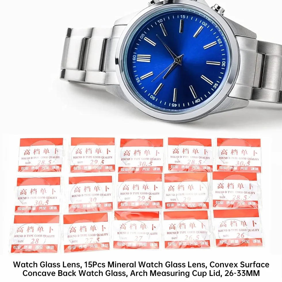 BORDSTRACT Lente in Vetro per Orologio, 15 Pezzi Lente in Vetro Minerale per Orologio, Superficie Convessa Retro Concava Vetro per Orologio, Coperchio Misurino Arco, 26‑33 MM
