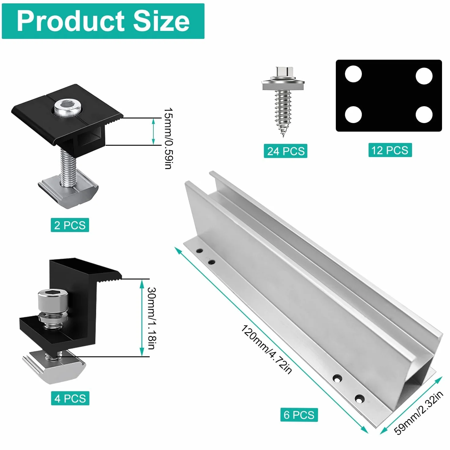 Kit Staffe Fotovoltaico 12 Pezzi Alluminio con Viti Autofilettanti e Rondelle