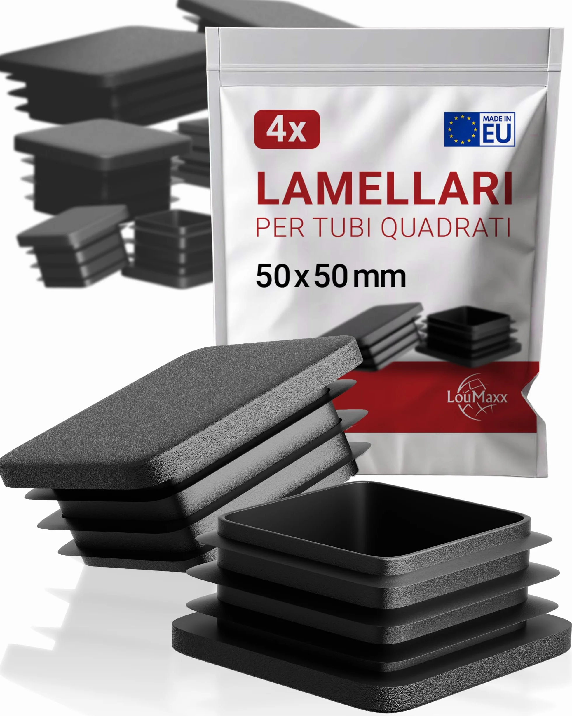 LouMaxx Tappi lamellari 50 x 50 mm, copertura per tubo nero, tappi per tubi quadrati 50 x 50 mm, tappi quadrati per tubi in plastica robusta, tappi per pali come tappo di copertura
