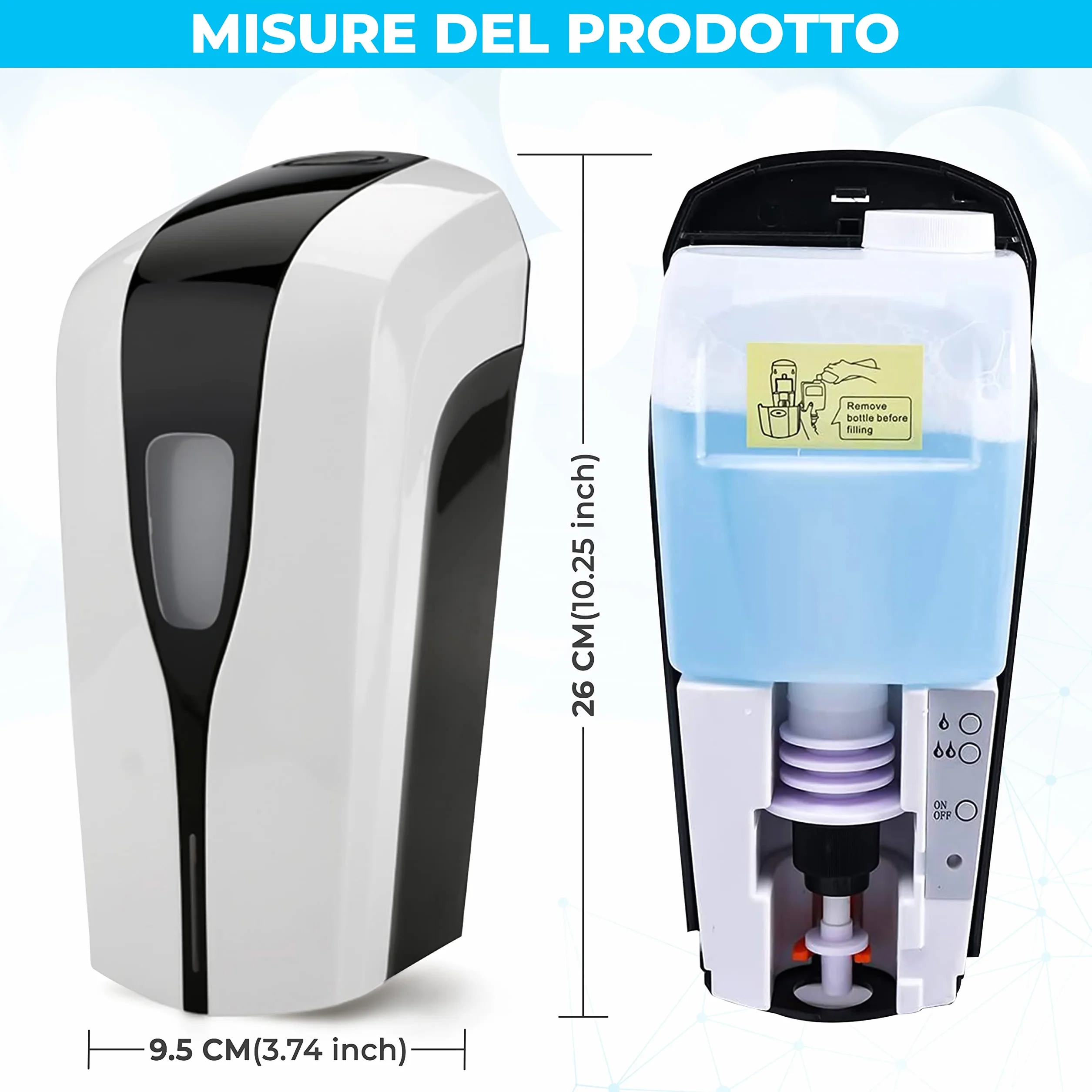 Dispenser di disinfettante automatico con sensore. Dispenser di disinfettante senza contatto con un contenitore di ricarica da 1000 ml.