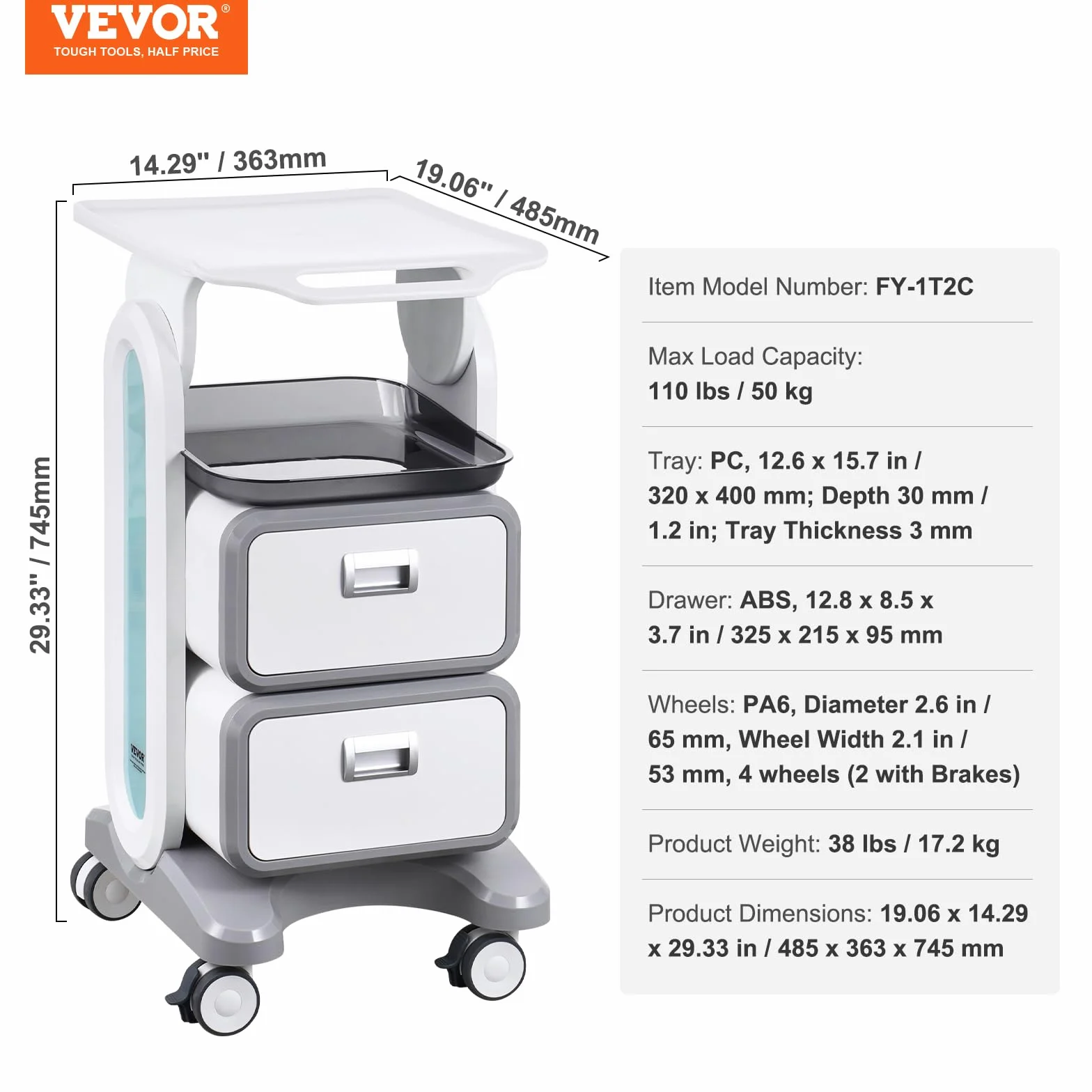 VEVOR Carrello da Laboratorio 3 Ripiani, Carrello Portaoggetti Medico Mobile con 2 Cassetti 1 Vassoio, ABS, 4 Ruote