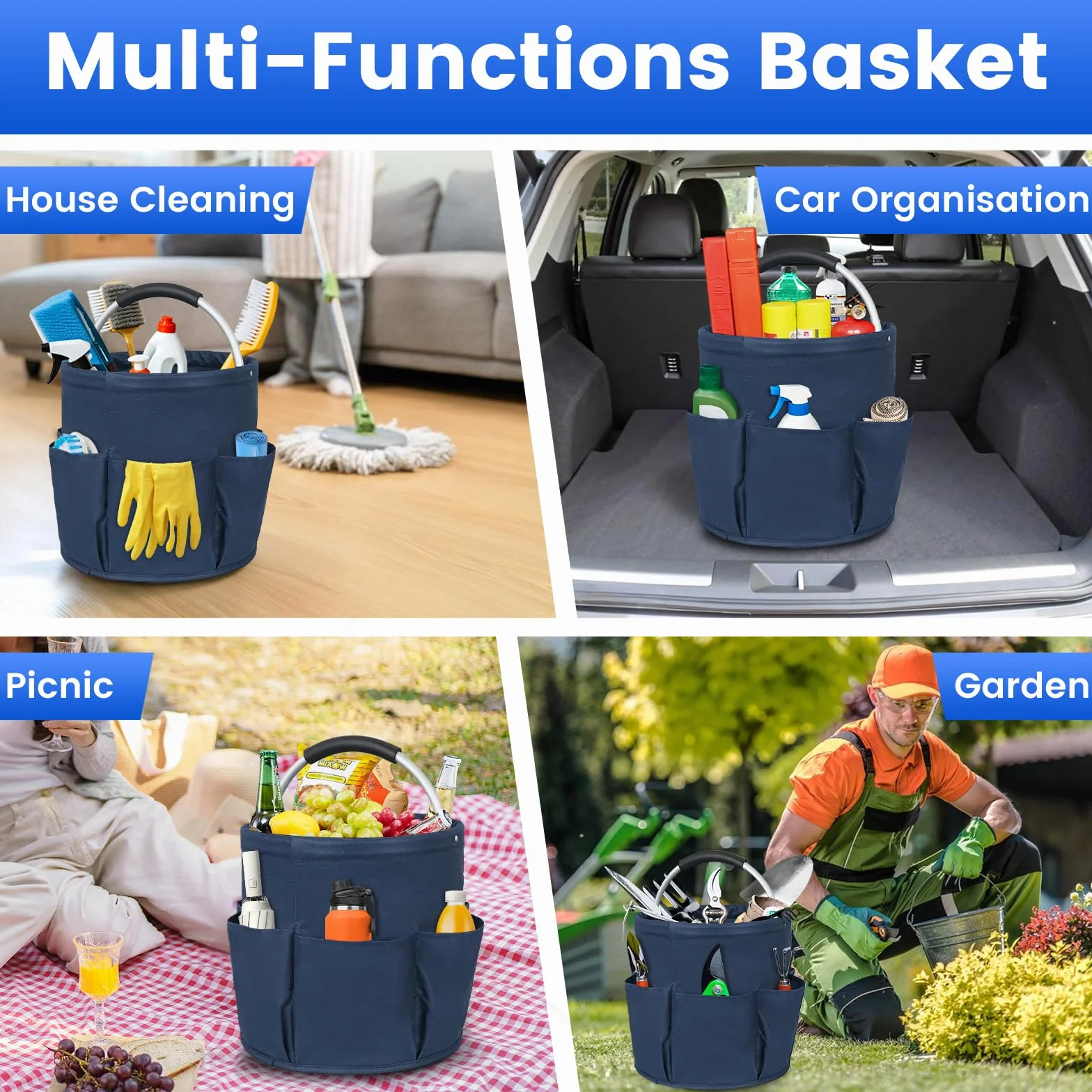 Carello Pulizie con Manico,2 Cestini Porta Atrezzi con 6 Tasche Esterne,Borsa Organizer Pieghevole Sacca Portaoggetti Borsa per Utensili di Pulizia,Contenitore per Pulizia Professionale,Blu