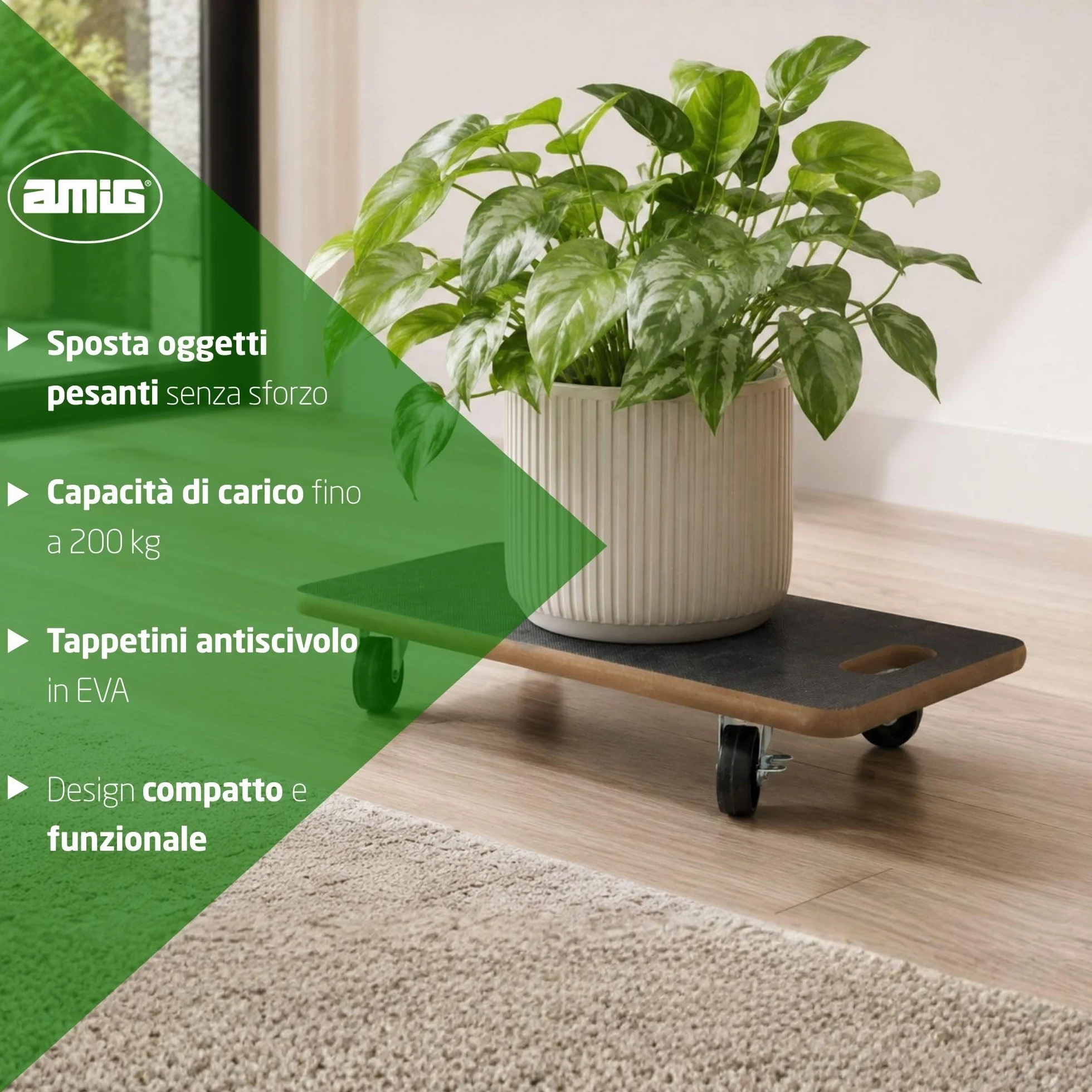 Amig - Piattaforma di Carico con Ruote | Supporto Rotante Rettangolare | 4 tappetini antiscivolo | 58 x 29 cm | Carico Max.: 200 kg | 4 Ruote: 2 con Freno | MDF | Certificato FSC | Nero