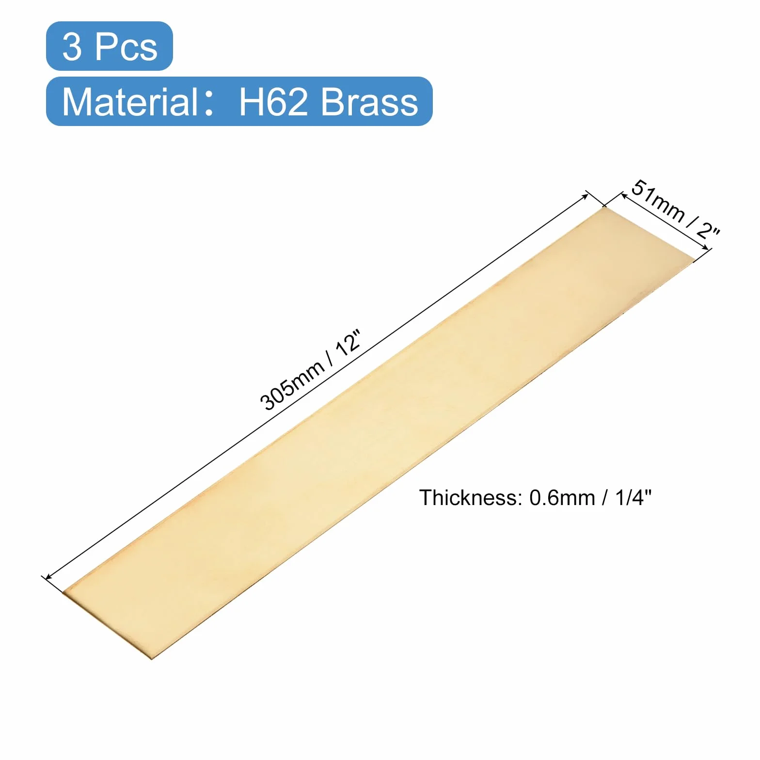 QUARKZMAN 3 Pcs Barre Piatte In Ottone H62, 0.02"x2"x12" Barre Quadrate Metalliche In Ottone Massiccio Per Realizzazione Coltelli Fai Da Te Decorazione Architettonica Industria Conducibilità