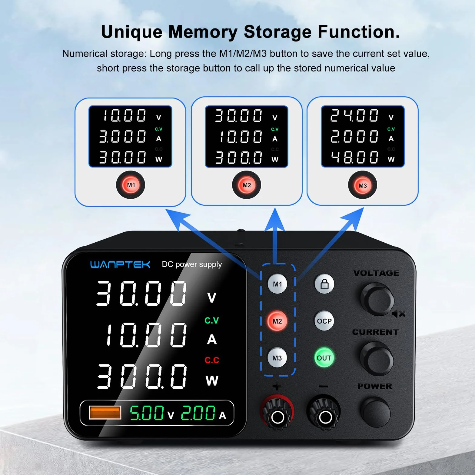 Alimentatore da Banco 30V 10A Regolabile con Memoria 3 Preset e Protezione OCP USB