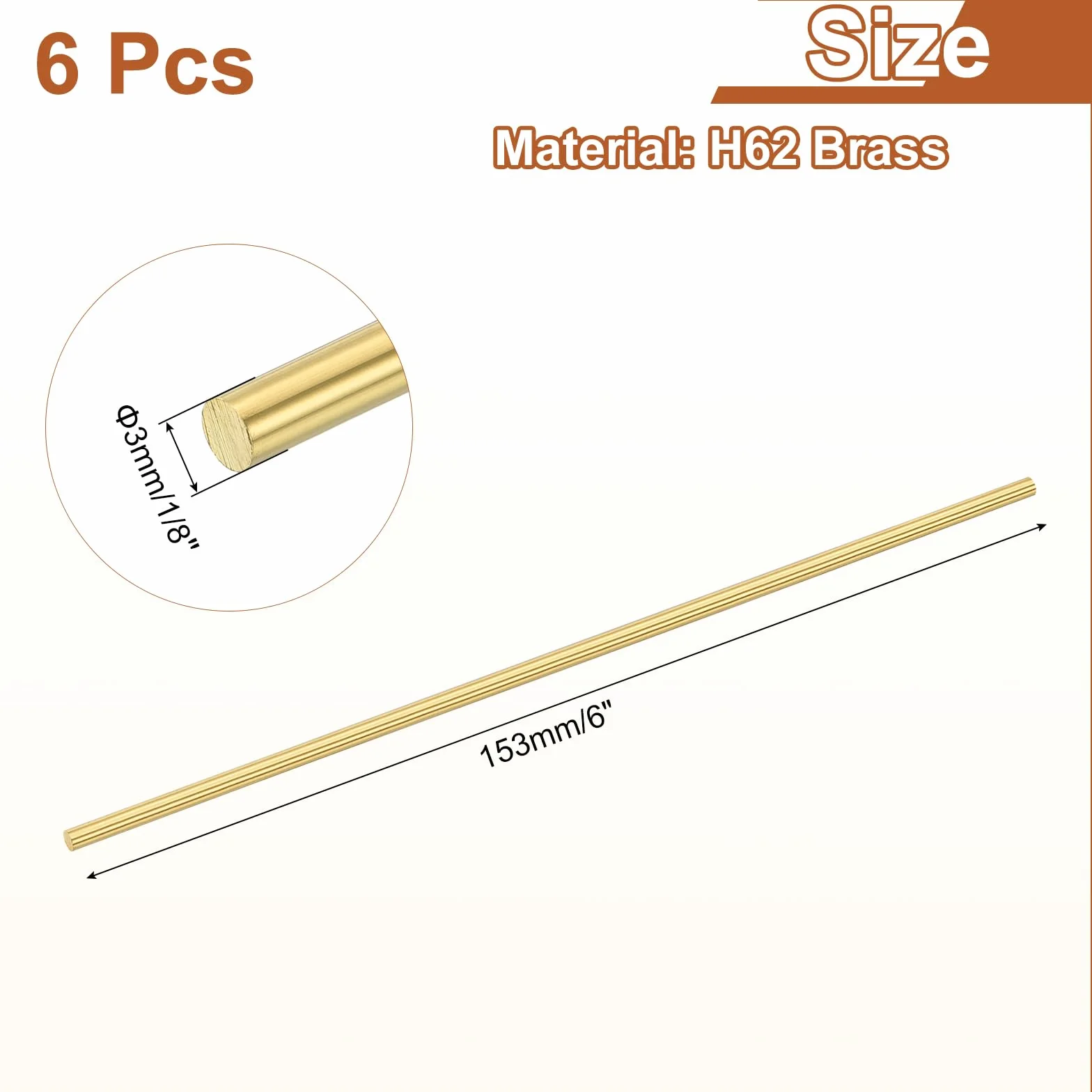 QUARKZMAN 6 Pezzi 1/8"(3mm) Diametro Ottone Solido Asta Rotonda 6"(153mm) Lunghezza H62 Ottone Barra Tornio Stock Asta Rotonda Ottone Per DIY Artigianato Industria Costruzione