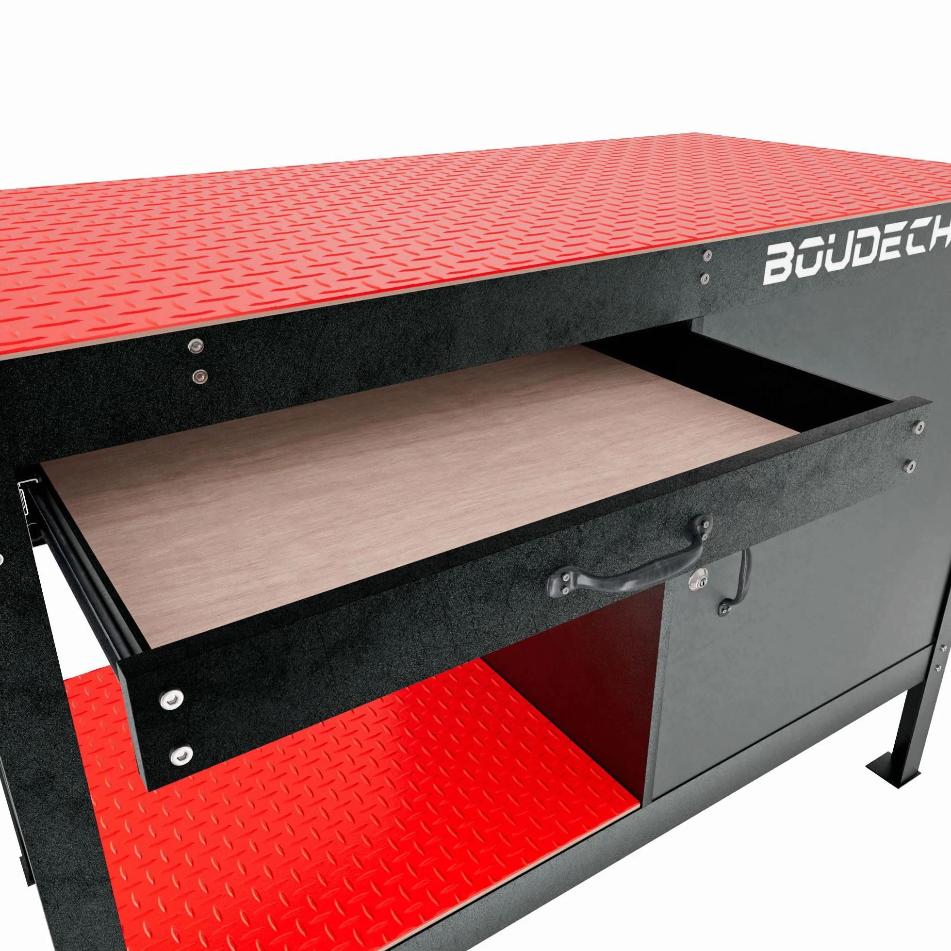 BOUDECH® MANNY - Banco da Lavoro 120x60 cm con Cassetto Porta Utensili 1 Anta e 1 Ripiano Aperto in Metallo Nero