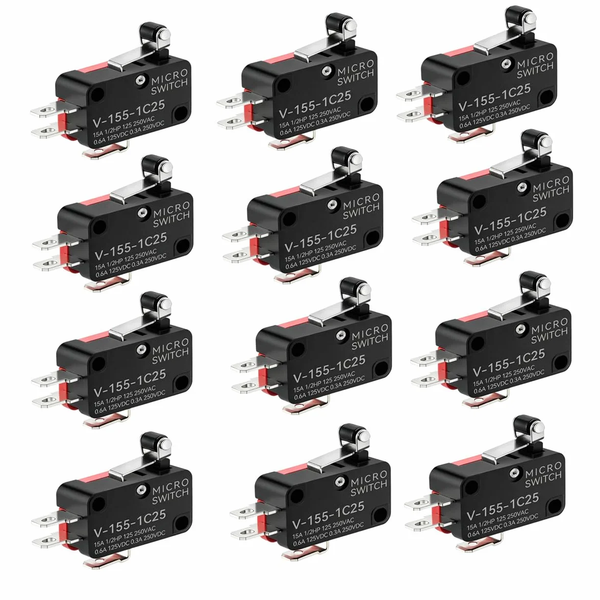 Gebildet 12pezzi Micro Interruttore Leva a Rullo, V-155-1C25 Finecorsa SPDT, 3Pin 2Posizione 1NO 1NC Mini Interruttore a Levetta, Braccio Pulsante Attuatore Momentaneo