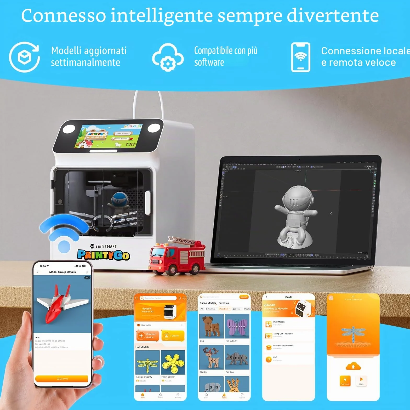 Stampante 3D PrintyGo Mini per bambini, stampante autolivellante da 600 mm/s per principianti con touch screen da 5", design sicuro per bambini, controllo Wi-Fi/app, regalo di apprendimento STEM