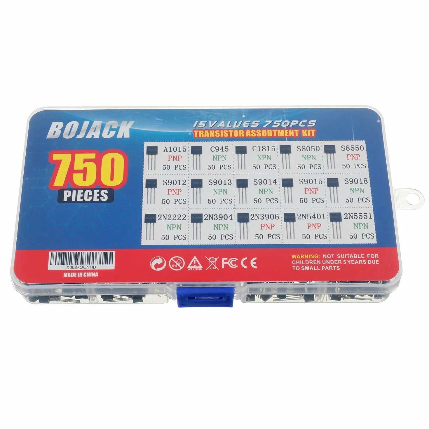 BOJACK 15 Valori 750 pezzi Kit assortimento transistor PNP NPN A1015 C945 C1815 S8050 S8550 S9012 S9013 S9014 S9015 S9018 2N2222 2N3904 2N3906 2N5401 2N5551