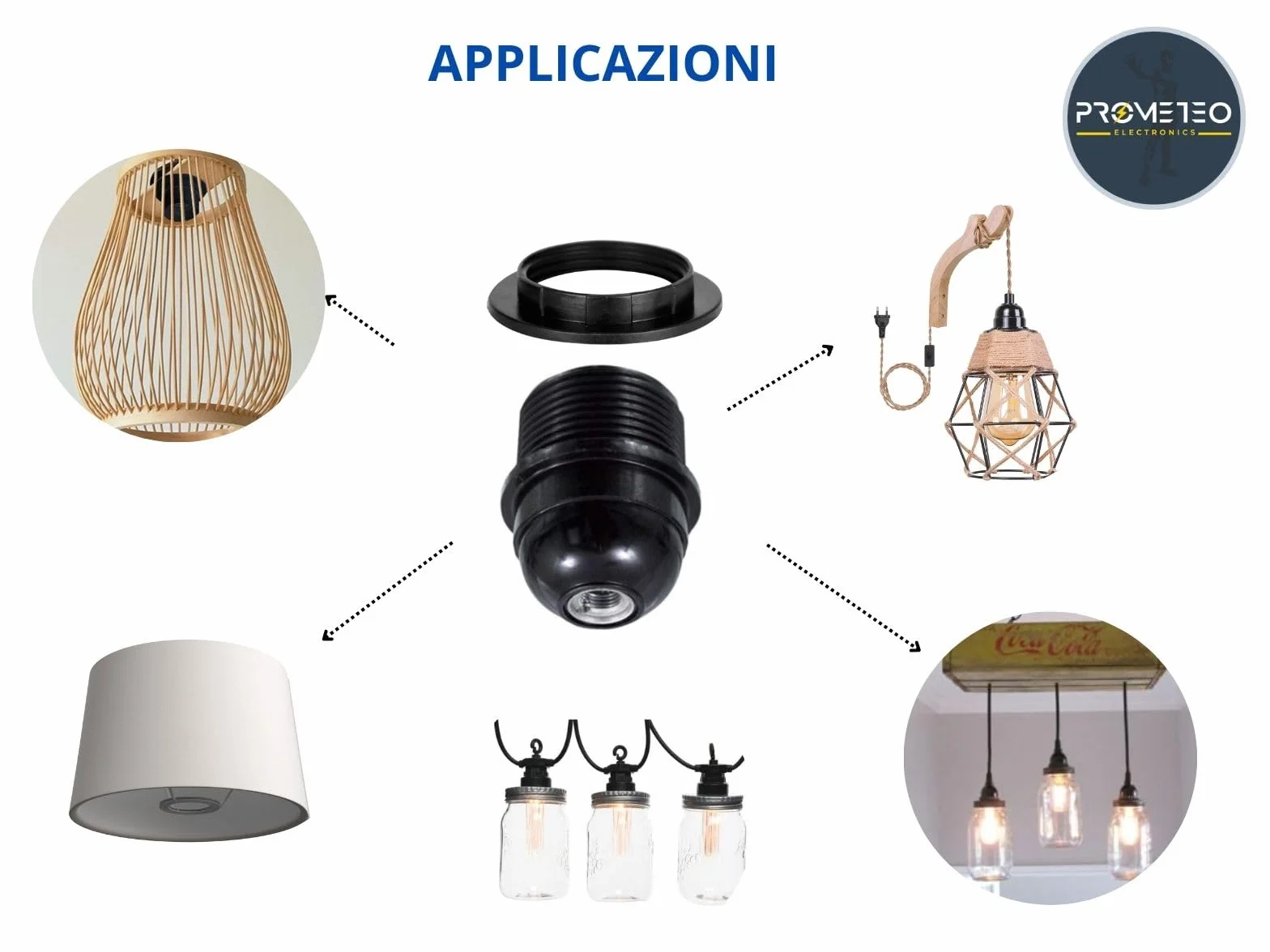 Set 5 Portalampade E27 parzialmente filettato con Nipple di blocco resistenti fino a 180° 4A 250V + 5 ghiere di bloccaggio paralume