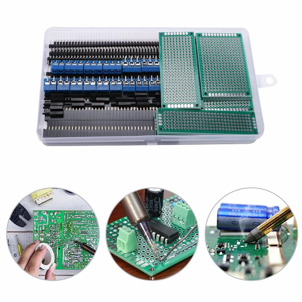 VooGenzek 75 Pezzi Kit di schede PCB, include 20 Pezzi una Scheda PCB a Doppia Faccia, 20 Pezzi Connettori Maschio/Femmina, 15 Pezzi 2/3 Pin Terminale a Vite, 20 Pezzi Colonna in Nylon