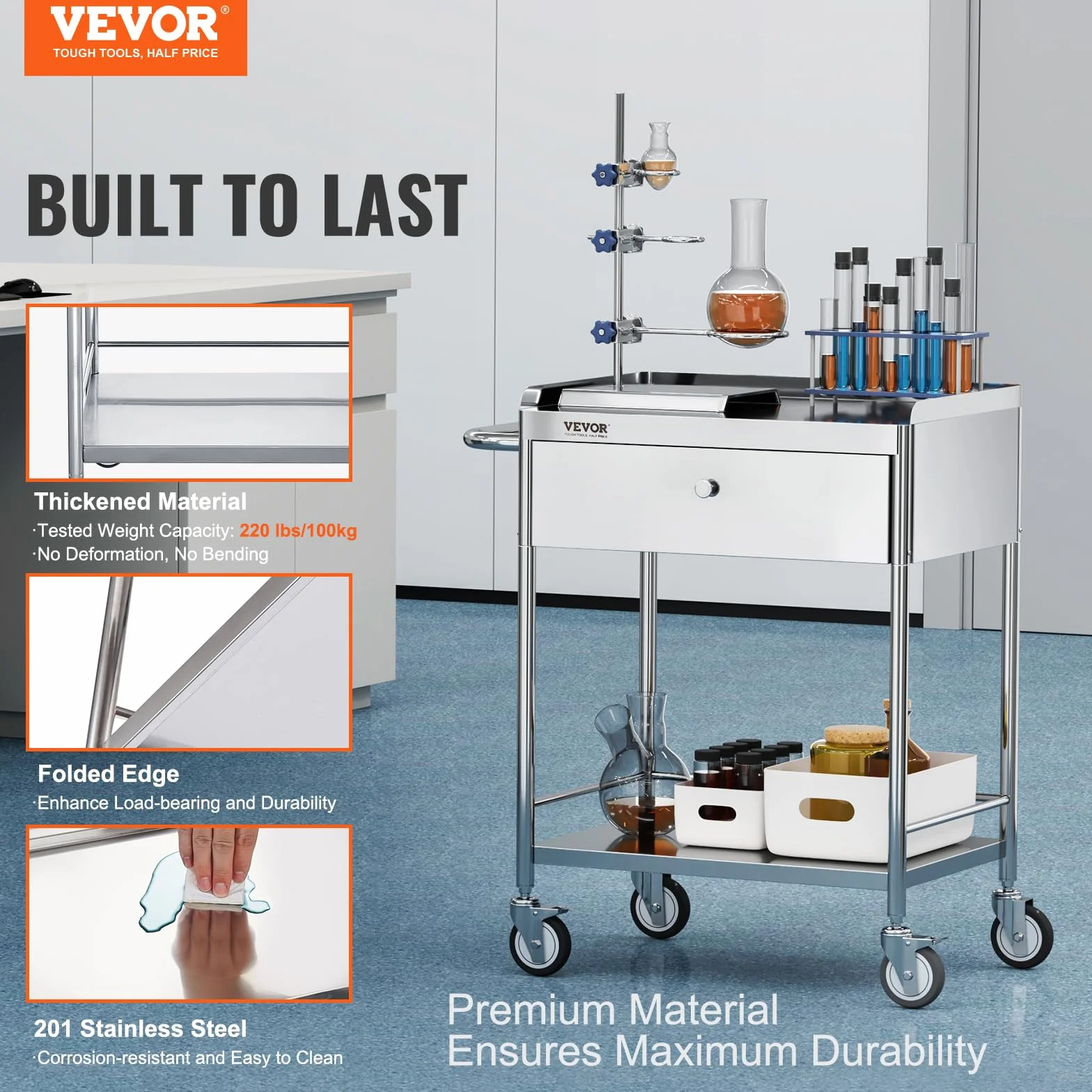 VEVOR Carrello da Laboratorio in Acciaio Inox 2 Ripiani Capacità Carico Totale Massima 100kg, Carrello Sanitario in Acciaio Inox 201 710 x 421 x 785 mm, Carrello per Medicazione da Laboratorio 2 Piani