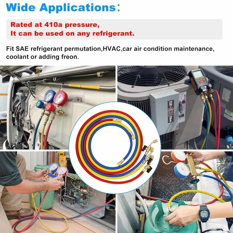 Fivetwofive Tubi Flessibili di Ricarica Refrigerante A/C da 1,6 M con Valvole A Sfera HVAC 1/4 Pollici SAE Adatti per Aggiunta di Refrigerante R134A R12 e Aria Condizionata