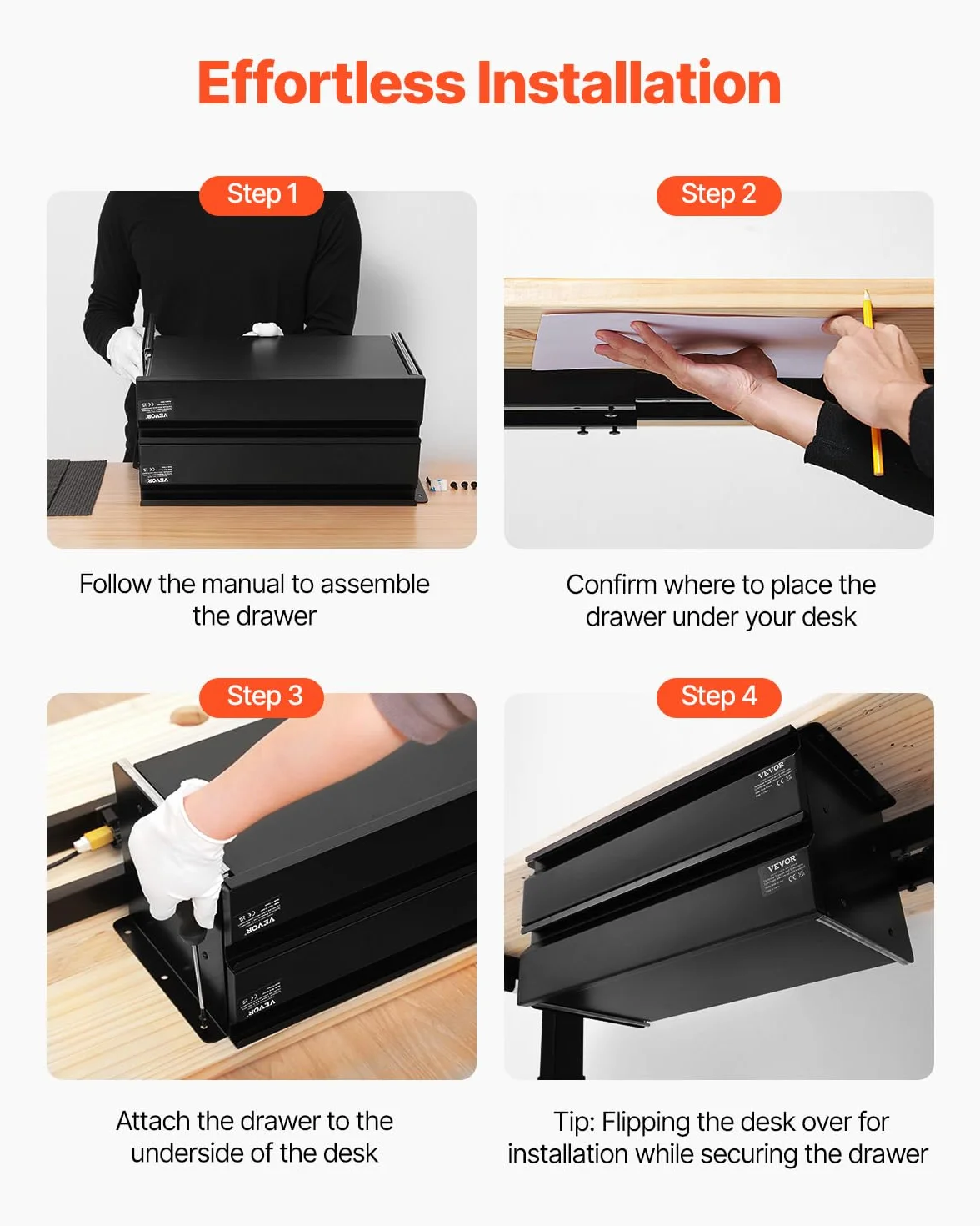 VEVOR Cassetto Estraibile Sotto Scrivania 457 x 227 x 200 mm Organizzatore Nascosto per Riporre Oggetti 2 Strati, Cassetto Portapenne Sotto Tavolo, per Postazioni di Lavoro Domestiche Sit Stand, Nero
