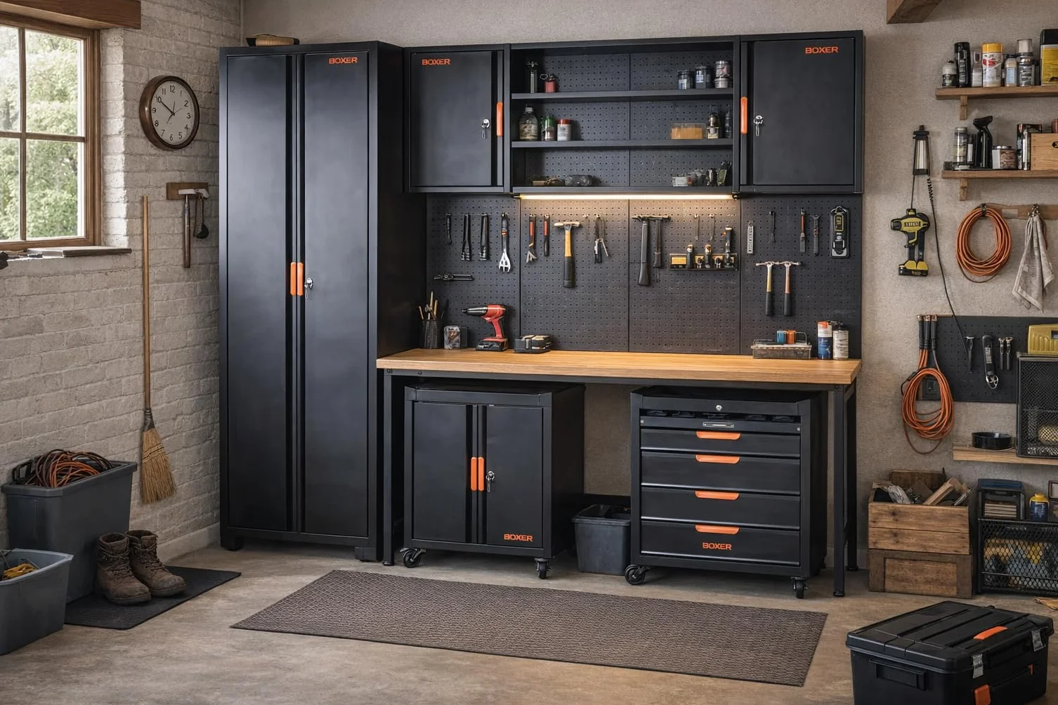 Set di postazione da lavoro Boxer® - Attrezzatura per officina - incluso banco da lavoro, armadio alto, armadio superiore, carrelli e pareti per utensili - piedini regolabili in altezza - per garage e