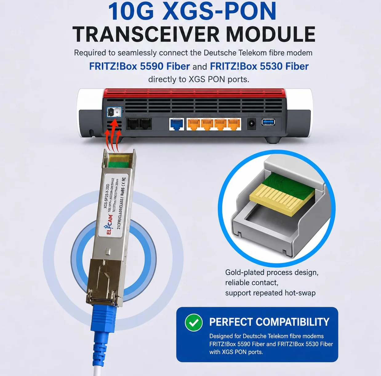 FRITZ!Box 5590 5530 XGS-PON Modulo Ottico 10G SFP+ SC/UPC ITU-T G.9807 1270/1577nm 10Gbit/s