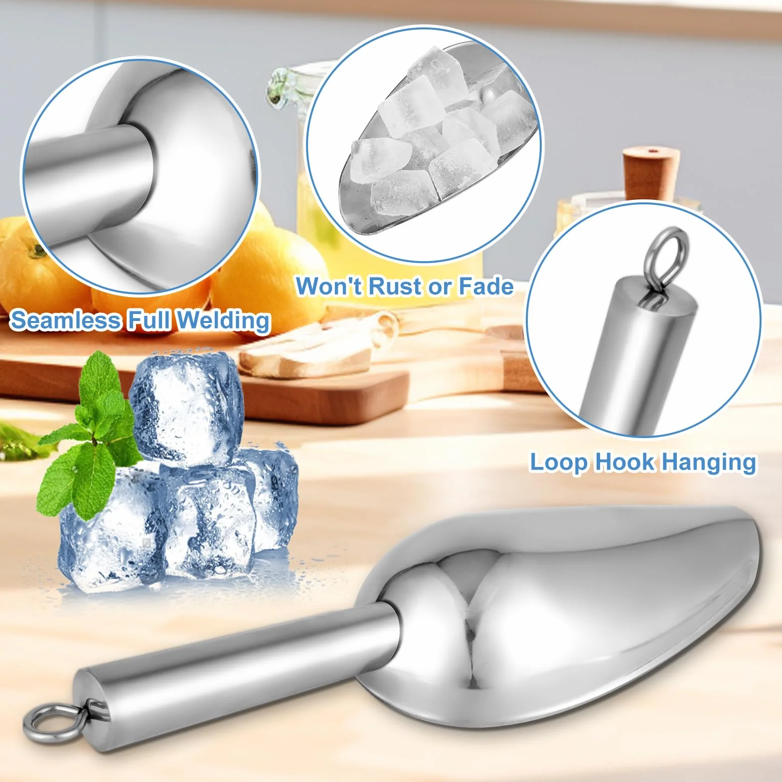 Paletta per ghiaccio in acciaio inox ispessito con gancio, 170 g, 20 cm, utensile da cucina multiuso per ghiaccio, farina, zucchero e altro ancora