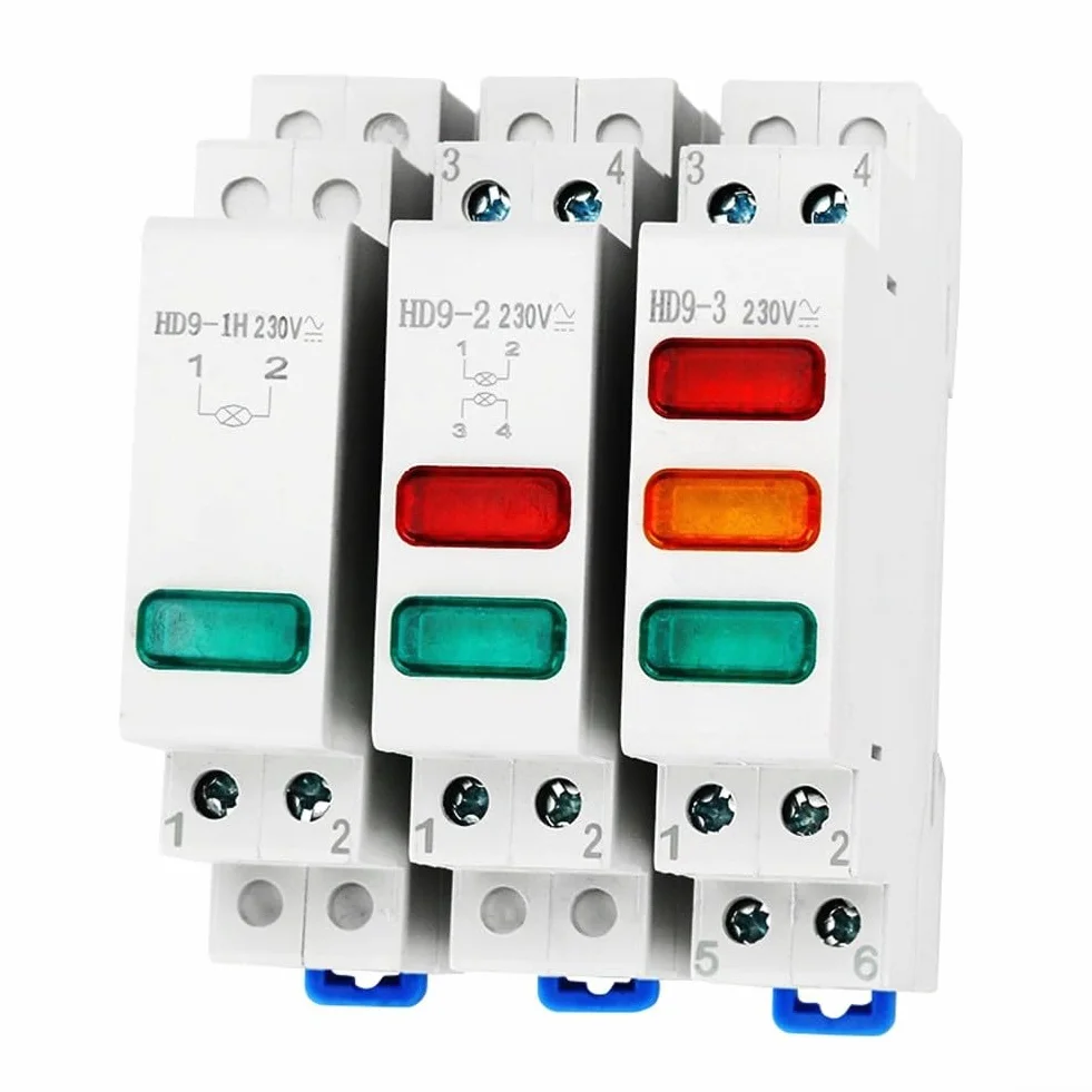 Lampada di segnalazione su guida DIN 230V AC con tecnologia di illuminazione a LED e alloggiamento termicamente stabile per ciclo di lavoro continuo (rosso+giallo+blu)