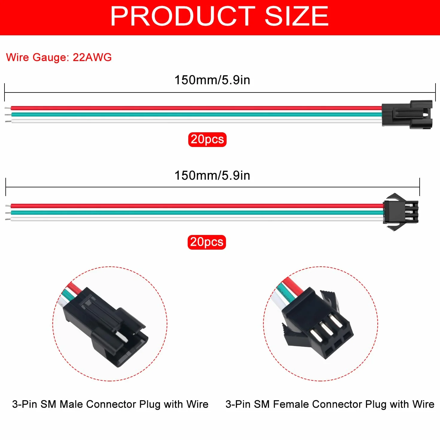 JST SM 3 Pin Connettore Spina Maschio e Femmina con Cavo 150mm 22AWG