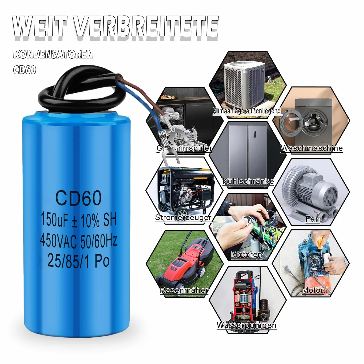 Iruihoo CD60 AC 450V 150uf 50/60Hz Condensatore, condensatore di avviamento, condensatore elettrico, condensatore del motore con cavo, per frigorifero, motore, pompa, generatore