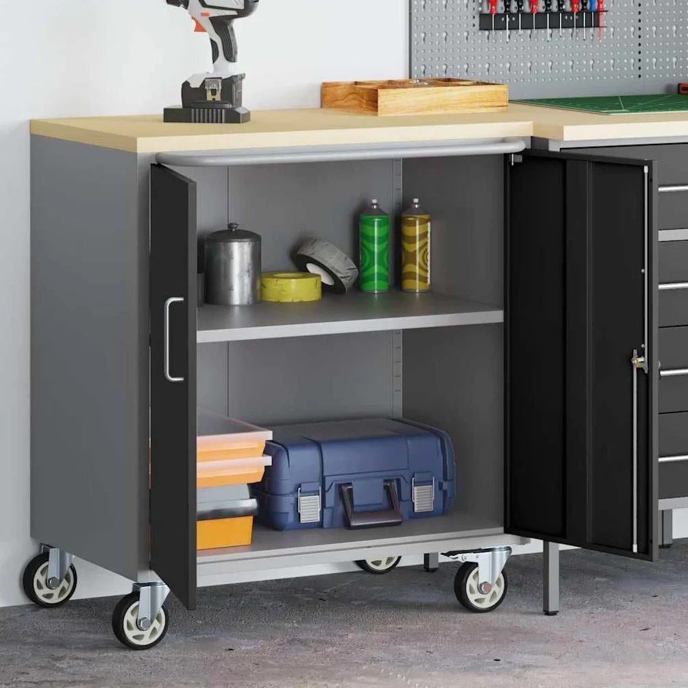 vidaXL Banco da Lavoro con Lo scaffale Nero e Grigio 75 x 45 x 85 cm, Banco da Lavoro, Tavolo Industriale modulare, Resistente con spazi per organizzare Attrezzi e Materiali
