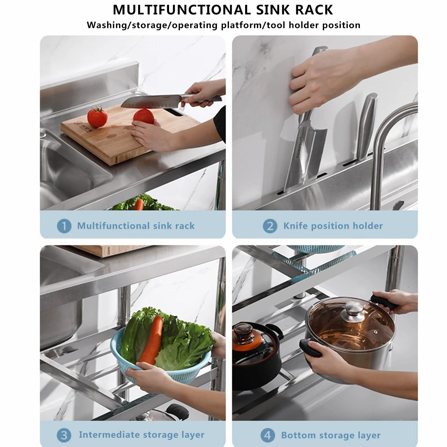 Lavandino a una vasca in acciaio inox, lavello di servizio a libera installazione, lavello da cucina per ristoranti commerciali, con banco di lavoro e ripiani di stoccaggio(120cm/47in,右)