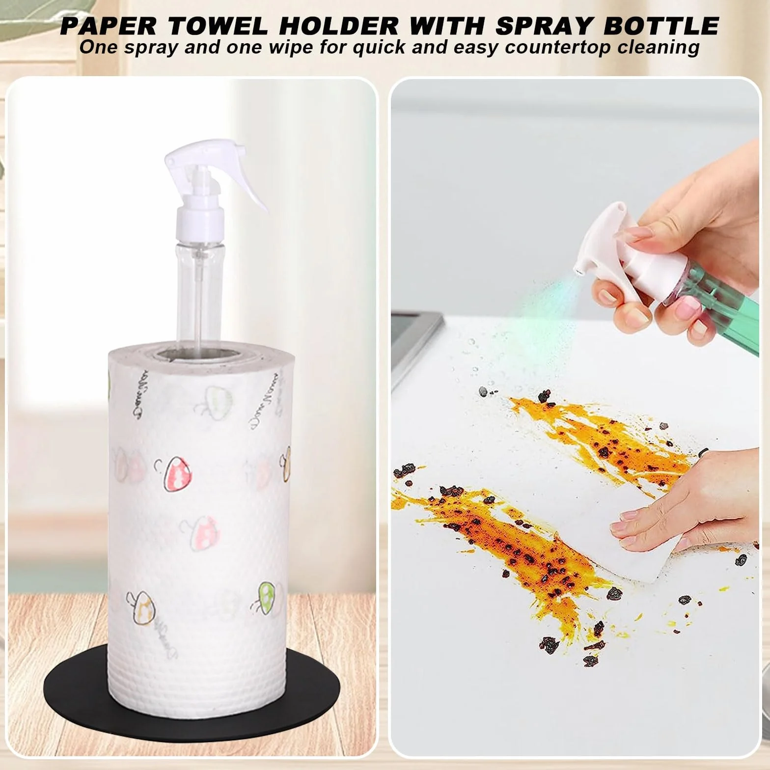 Portarotolo da Cucina con Flacone Spray, Portatovaglioli da Tavola Autoportante, Porta Rotoli da Cucina Nero Opaco, Antiscivolo, Porta Rotolo di Carta Multifunzione per Cucina, Bagno