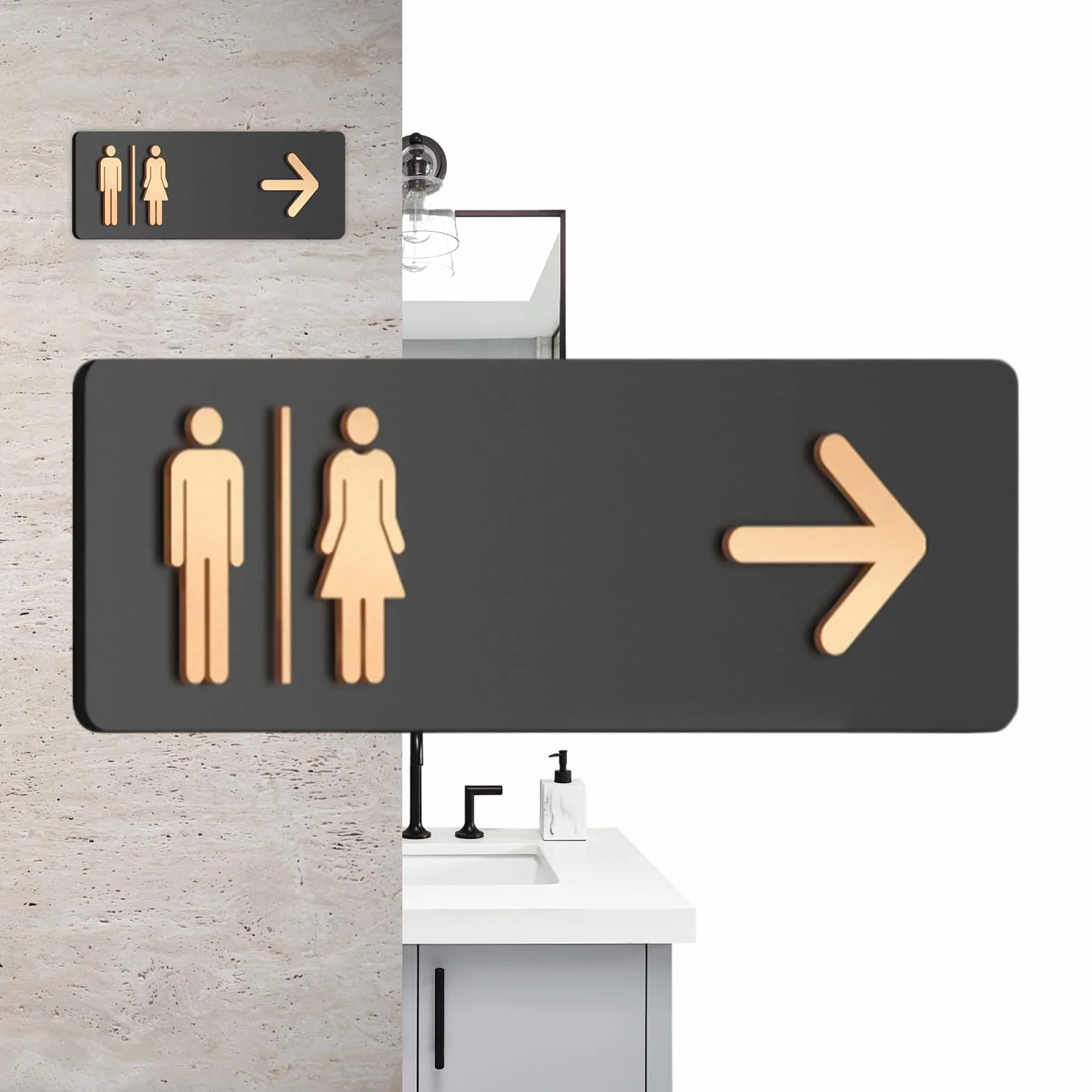 Cartello Toilette Uomo Donna In Acrilico Con Frecce Sinistra/Destra, Segnaletica Bagno Commerciale 30x10cm | Applicazione A Parete Autoadesiva Per Uffici, Luoghi Eventi & Spazi Commerciali - Insegna D