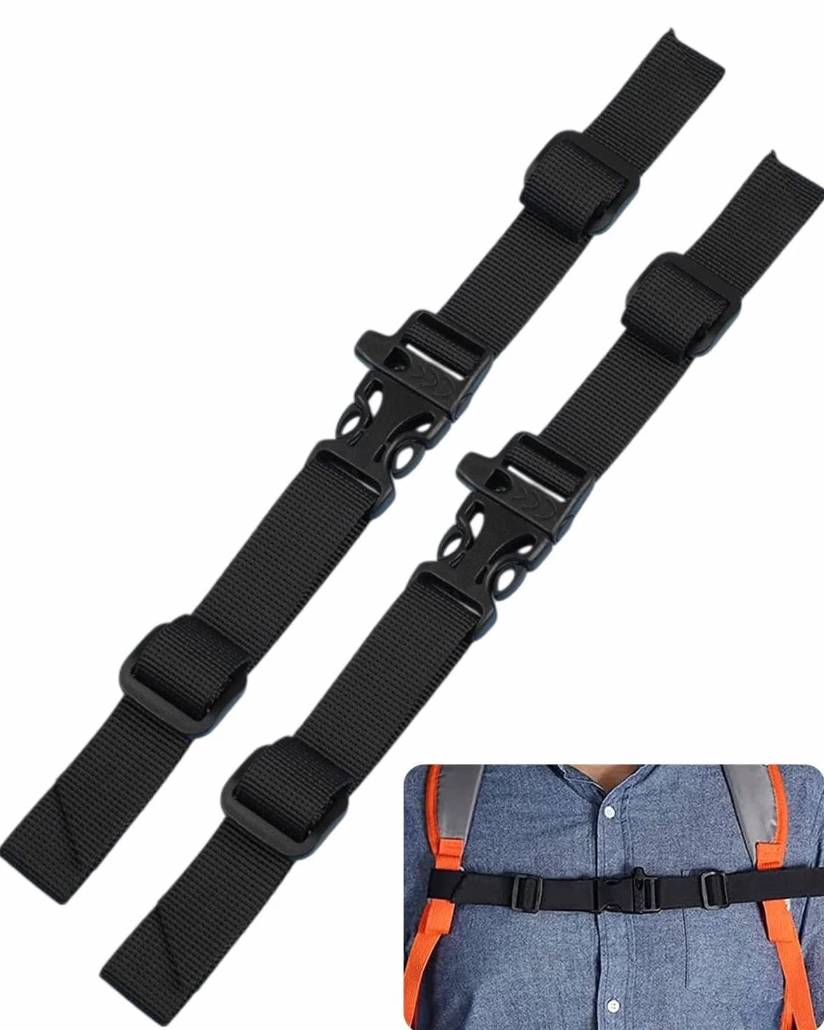 2 Pezzi Cinghia Toracica Regolabile per Zaino con Fibbia e Fischietto,Cinturino per Zaino Antiscivolo Resistente,per Adulti,Bambini,Scolastico,Viaggio all'Aperto(Nero)