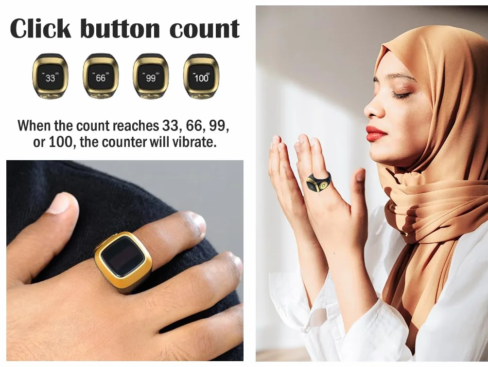 Anello Tasbih Intelligente, Contatore Digitale Musulmano (Nero, 20mm)
