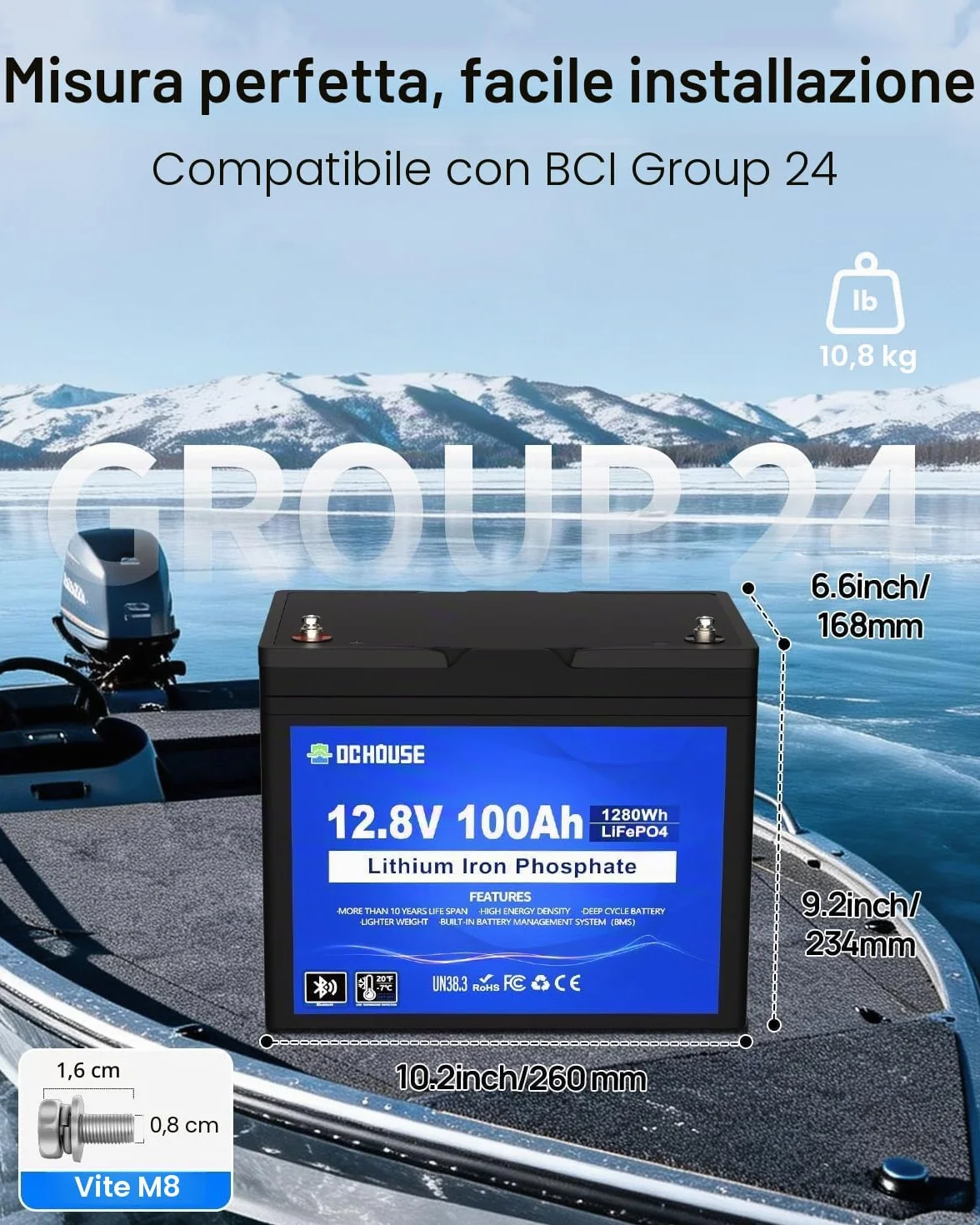 DCHOUSE Batteria Litio Bluetooth 12V 100Ah, Batteria al Litio 12V 1280Wh con Protezione 100A BMS e a Bassa Temperatura, Lifepo4 per Motori Elettrici, Caravan, Campeggio, Sistemi Solare