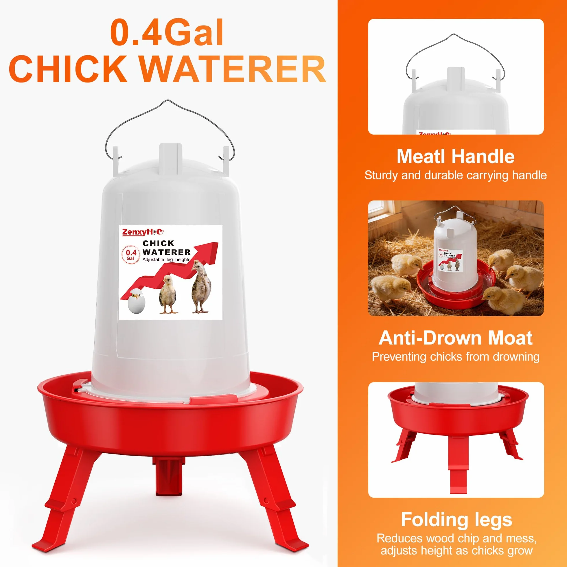 ZenxyHoC Set mangiatoia abbeveratoio pulcini 1,5 l 3 gambe regolabili rosso