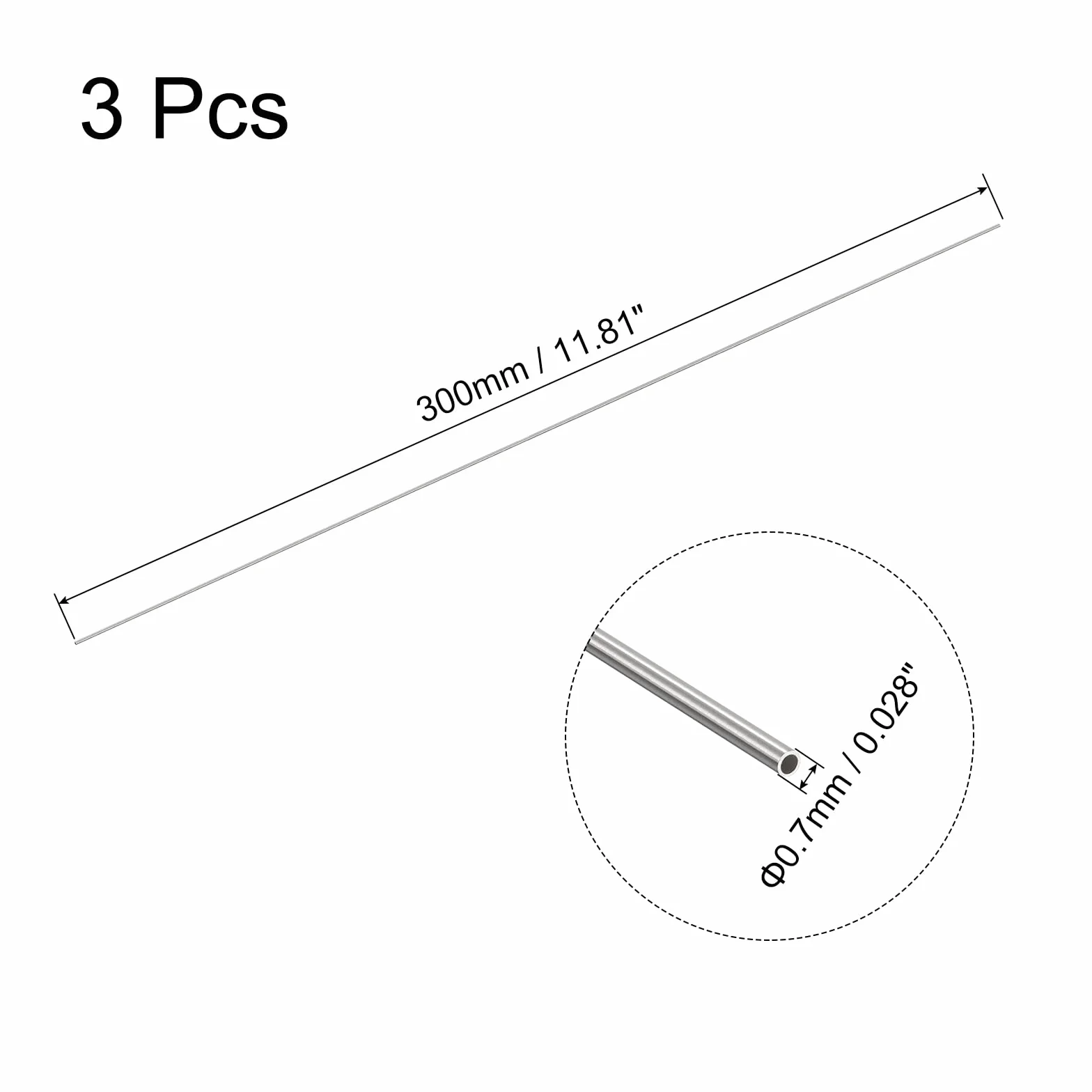 QUARKZMAN 304 Acciaio Inossidabile Tubo Rotondo, Tubo Capillare 0.7mm x 0.1mm x 300mm, 3 Pezzi