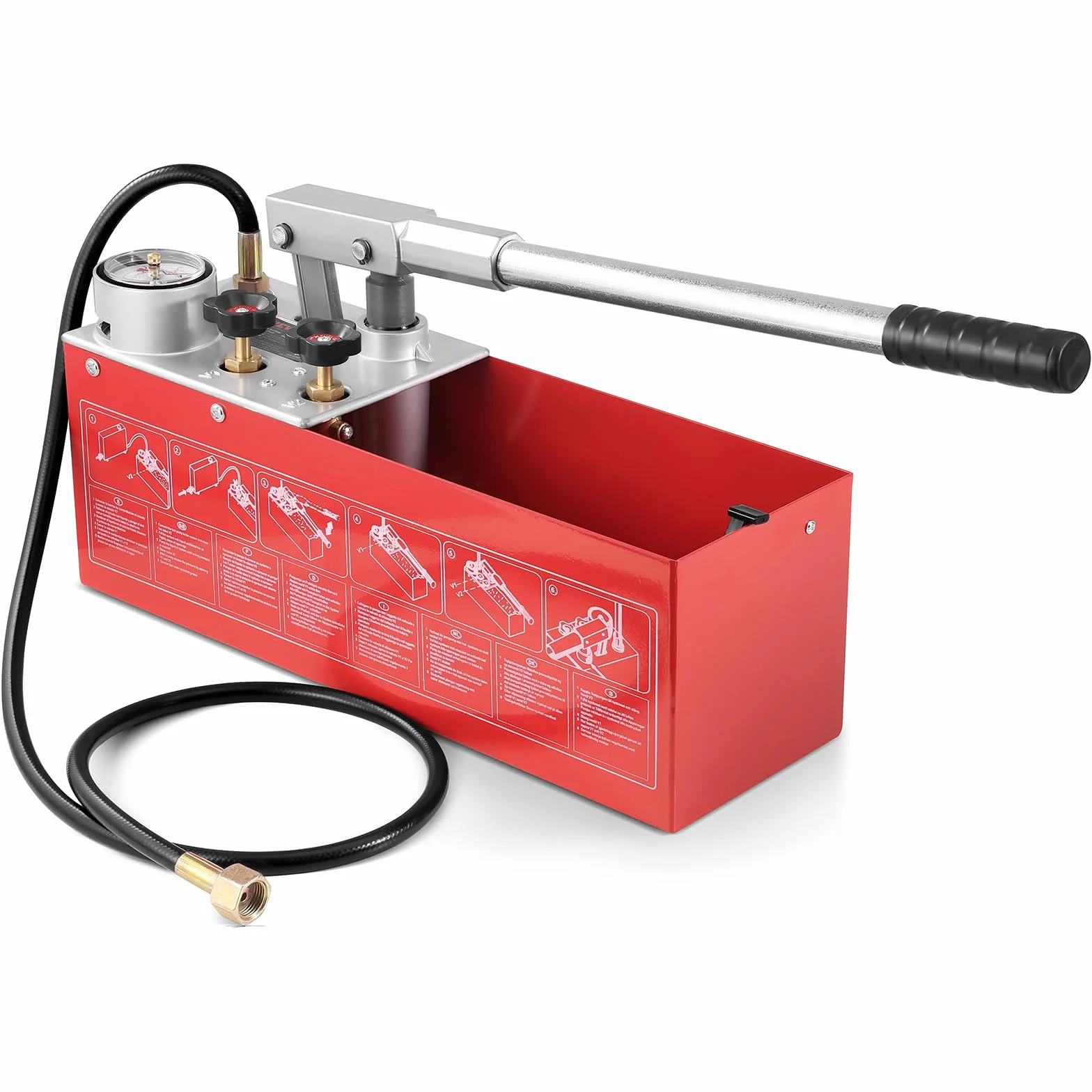 VEVOR Pompa di Prova Idrostatica, Max 25 Bar/362 PSI, Kit Tester Manuale della Pressione dell'Acqua Idraulica a Doppia Valvola con Manometro Serbatoio Acqua da 2,8 Gal, Tubo da 4,6 Piedi