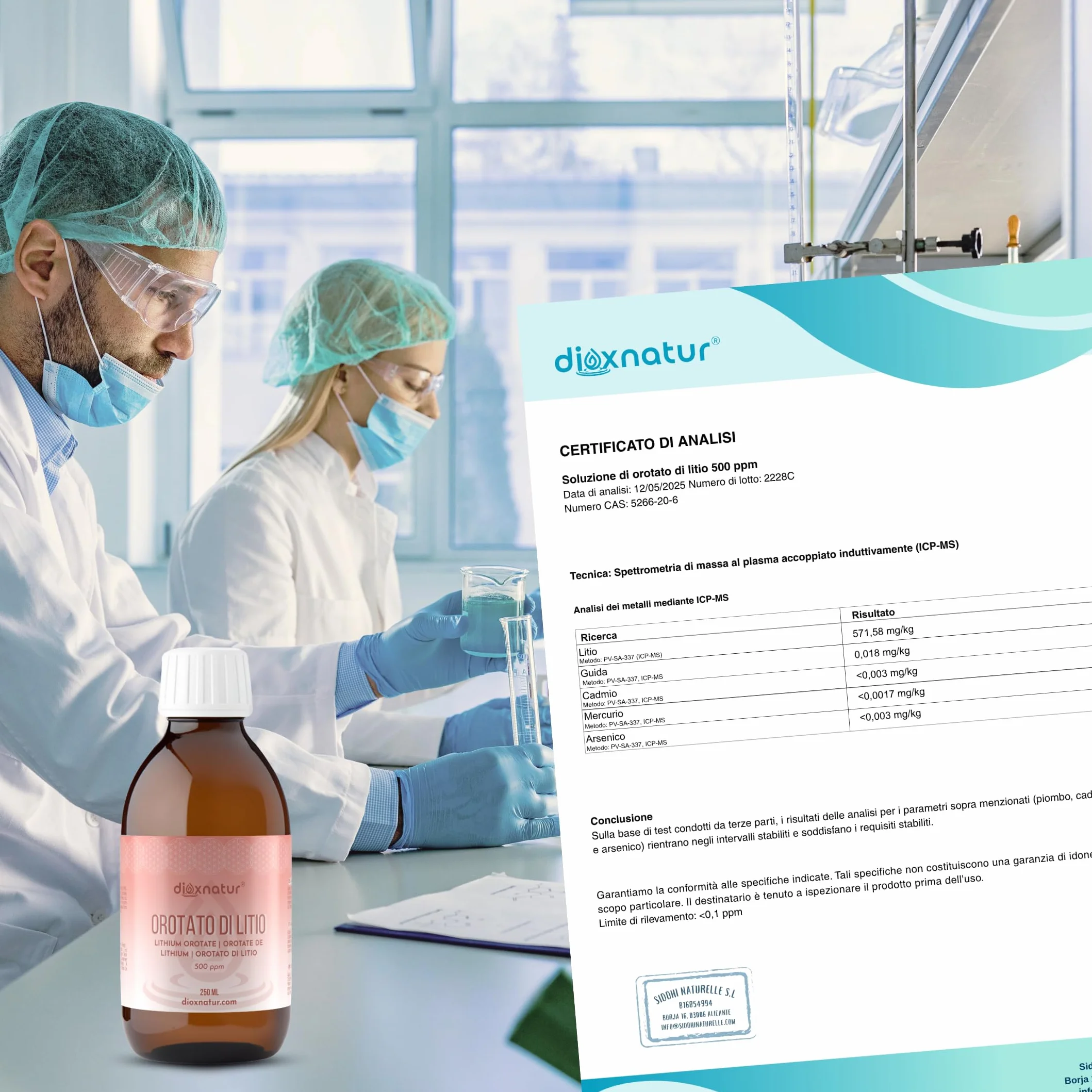 Orotato di litio liquido 250 ml - 0,5 mg/ml - 500 ppm - Purezza 99% - Pipetta inclusa