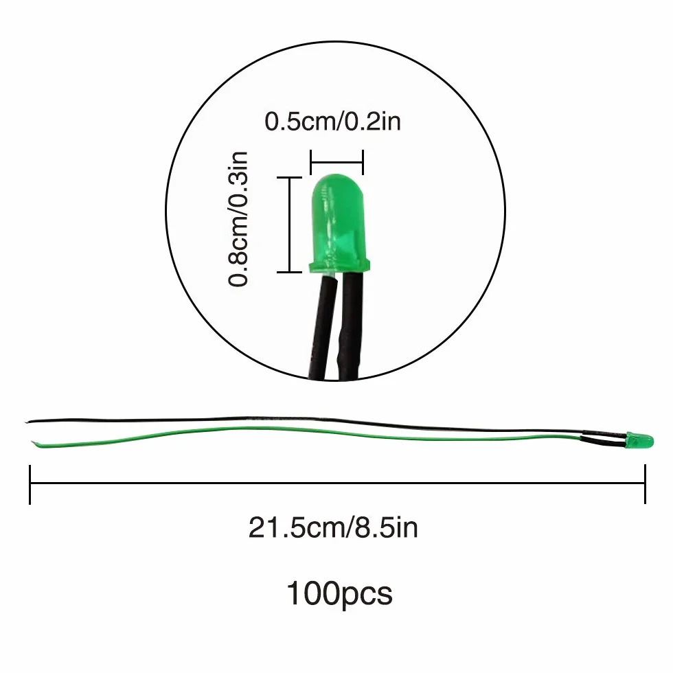 100 Pezzi 5mm LED Diodo ad Emissione Luminosa, Precablata 12V 20cm, LED Colorate Diffuse per Illuminazione (Verde)