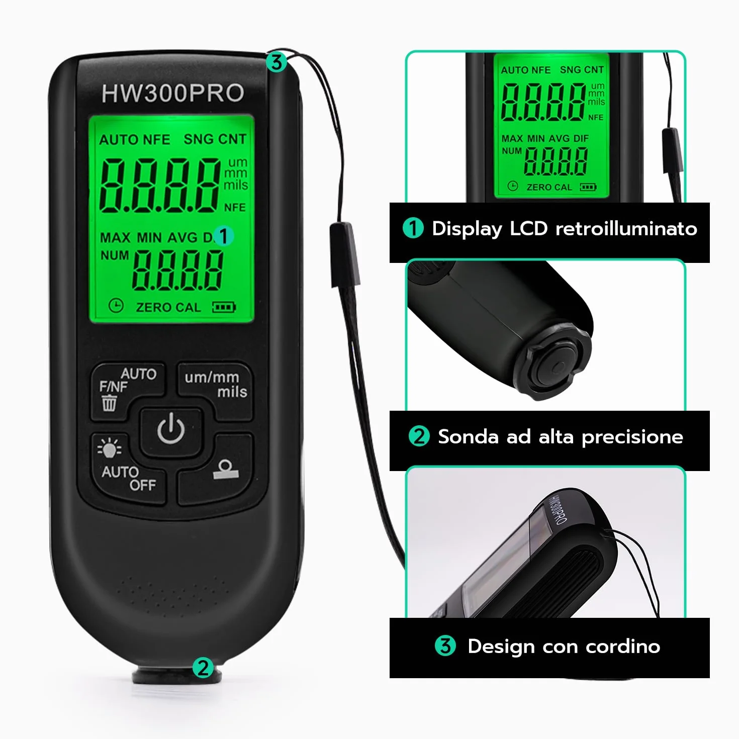 Misuratore di Spessore del Rivestimento Digitale, Spessimetro Vernice 0-2000 um, Display LCD Nero